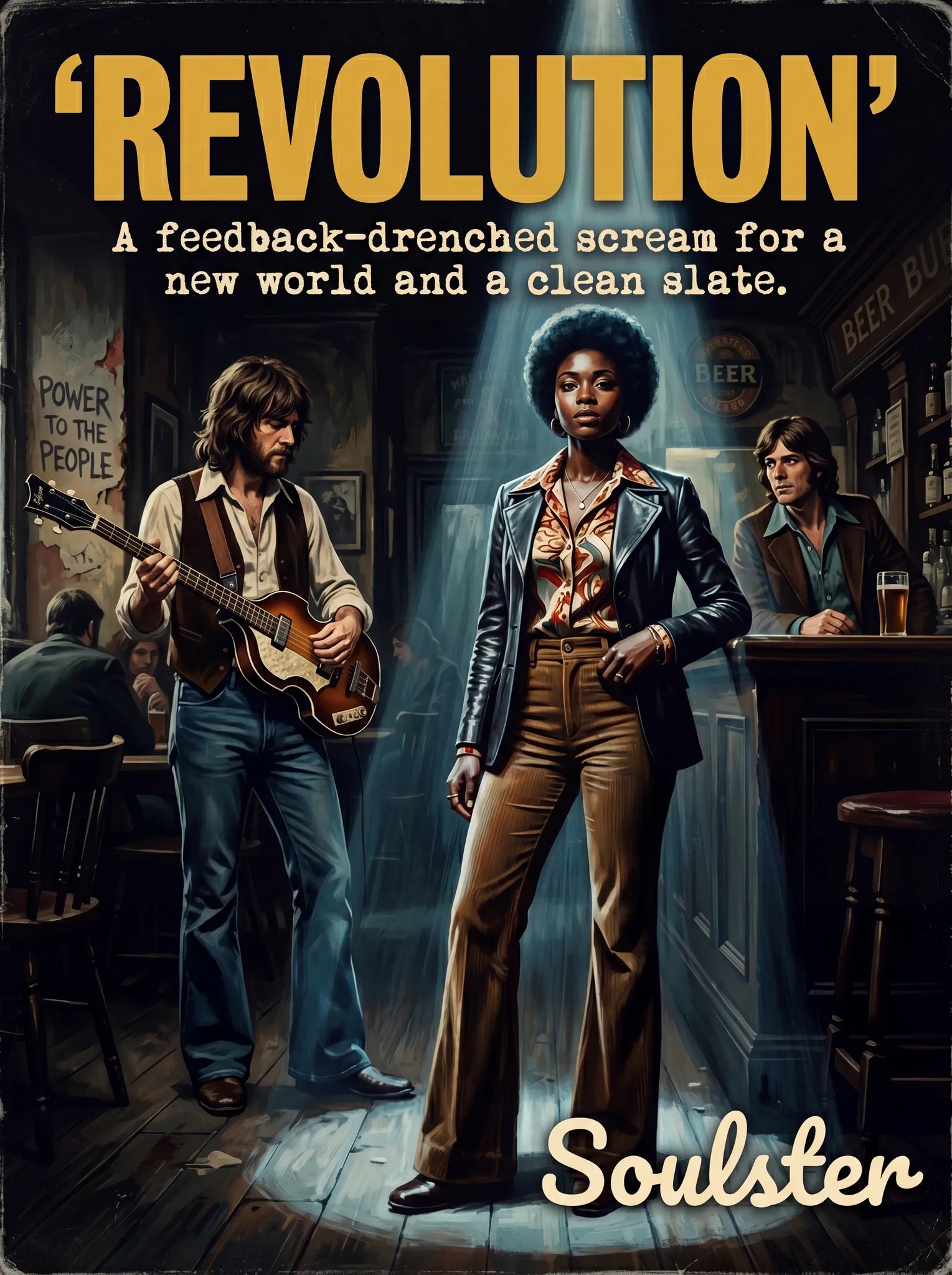 Soulster cinematic vintage pulp book cover art print illustration styled in a classic 1970s design layout inspired by Revolution.