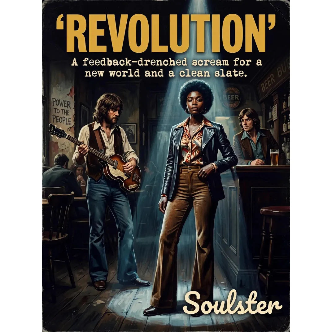 Soulster cinematic vintage pulp book cover art print illustration styled in a classic 1970s design layout inspired by Revolution.