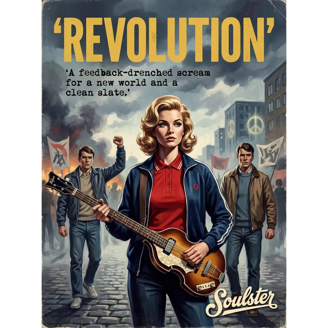 Soulster retro pulp thriller book cover style art print illustration inspired by The Beatles - Revolution.