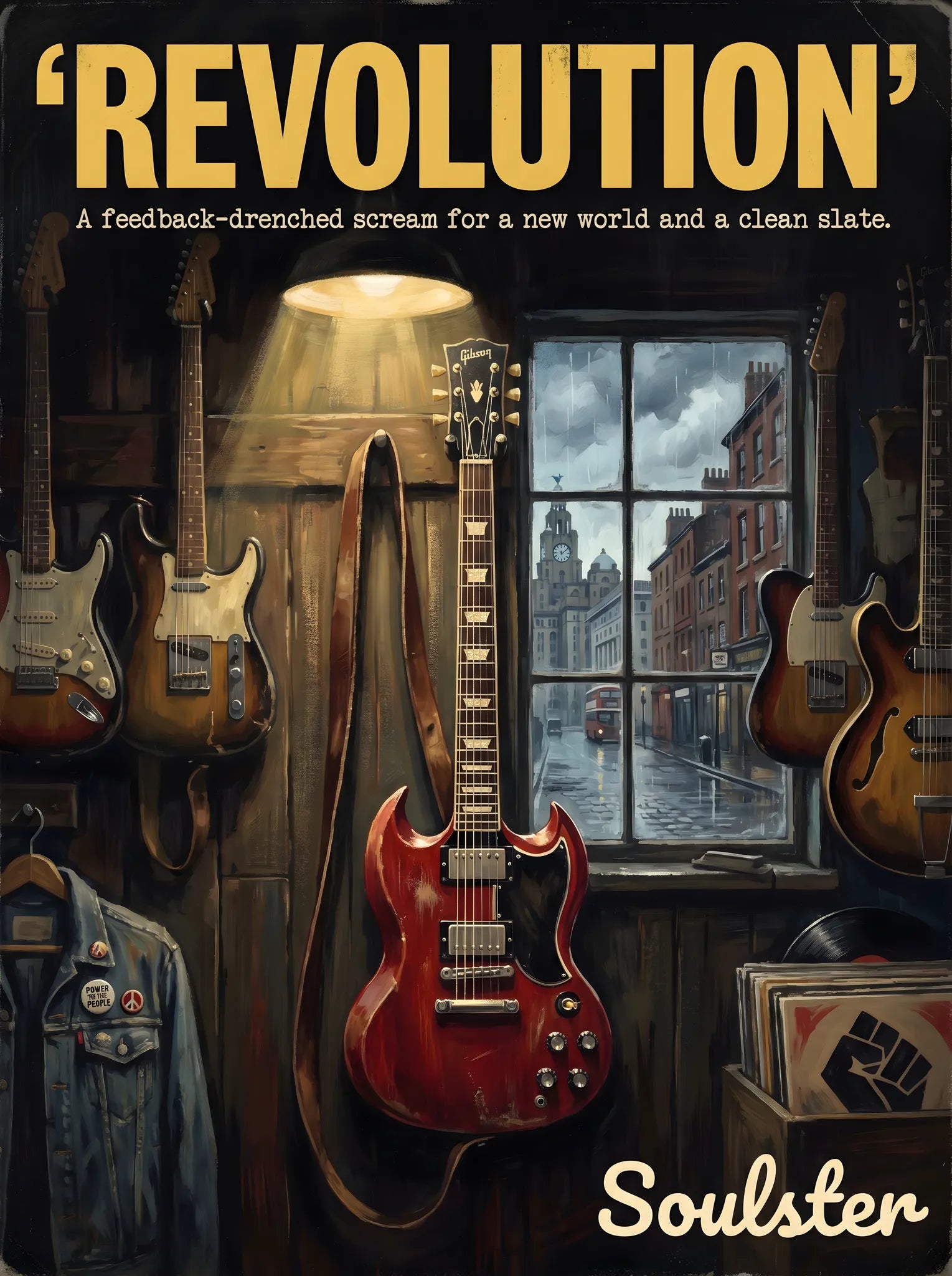 Soulster Manchester Edition wall art print showing a cinematic pulp style design of a Vintage Guitar inspired by Revolution - Liverpool.