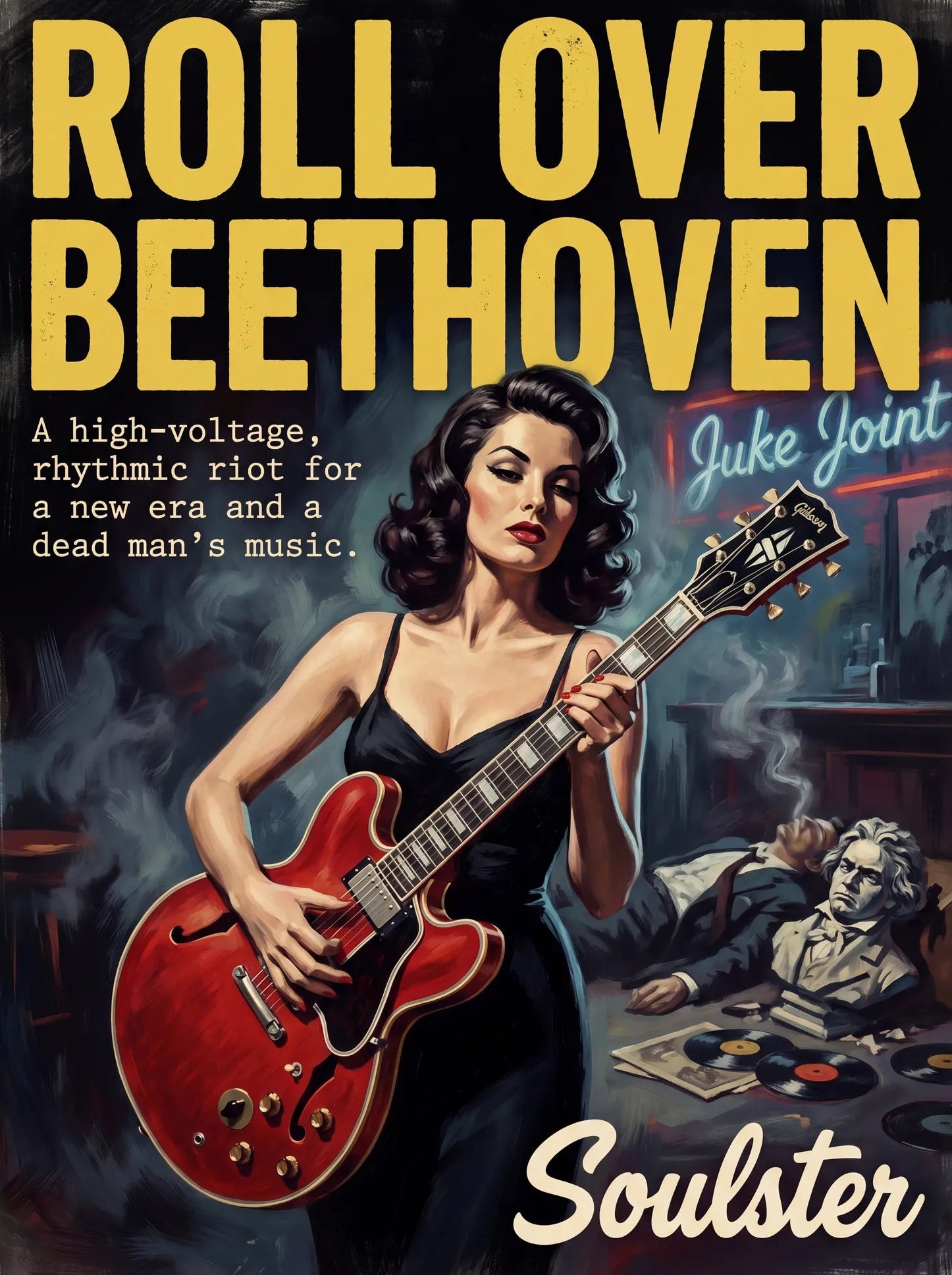 Soulster cinematic vintage pulp book cover art print illustration styled in a classic 1950s theme inspired by Roll Over Beethoven.
