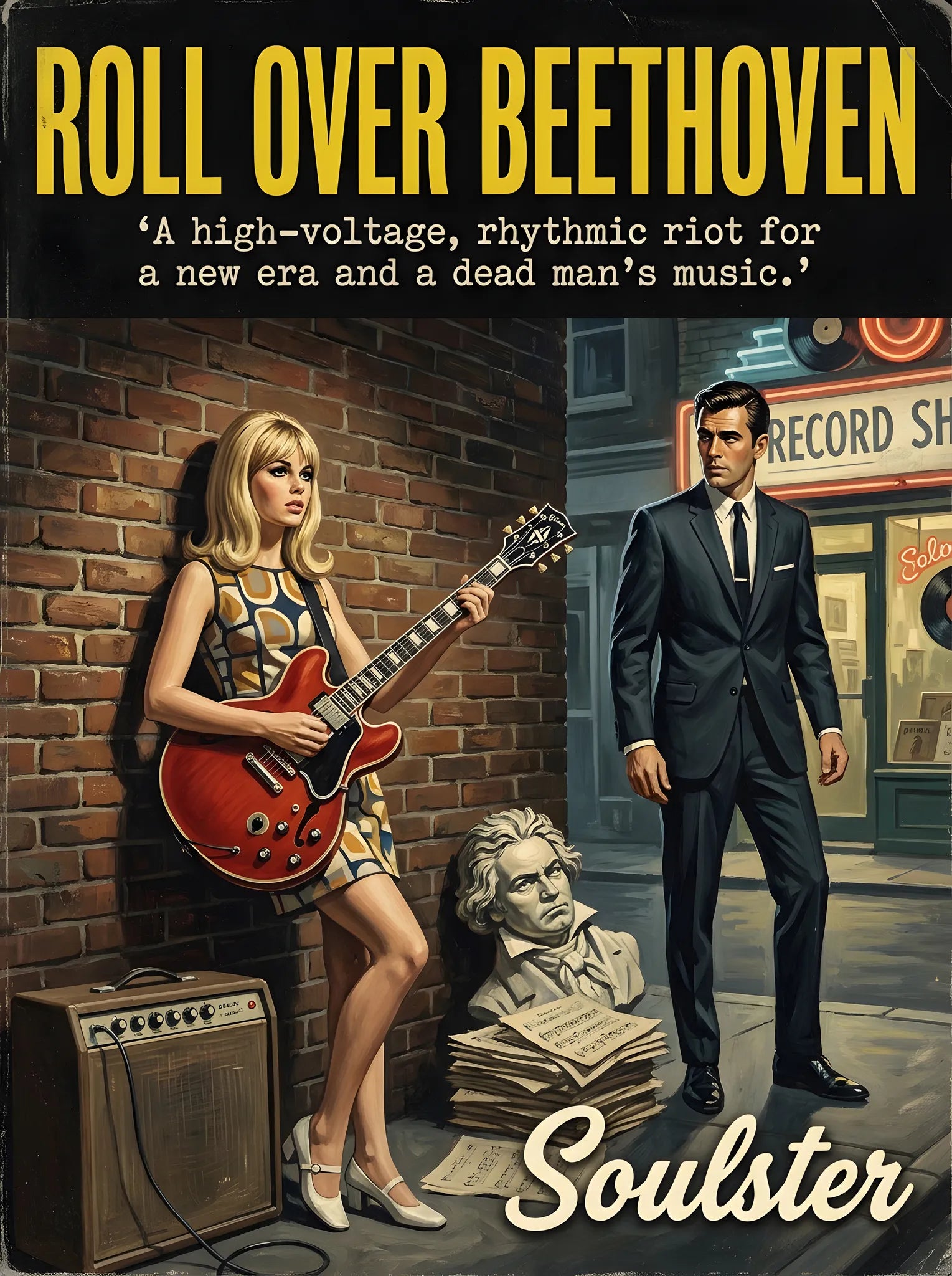Soulster cinematic vintage pulp book cover art print illustration styled in a classic 1960s theme inspired by Roll Over Beethoven.
