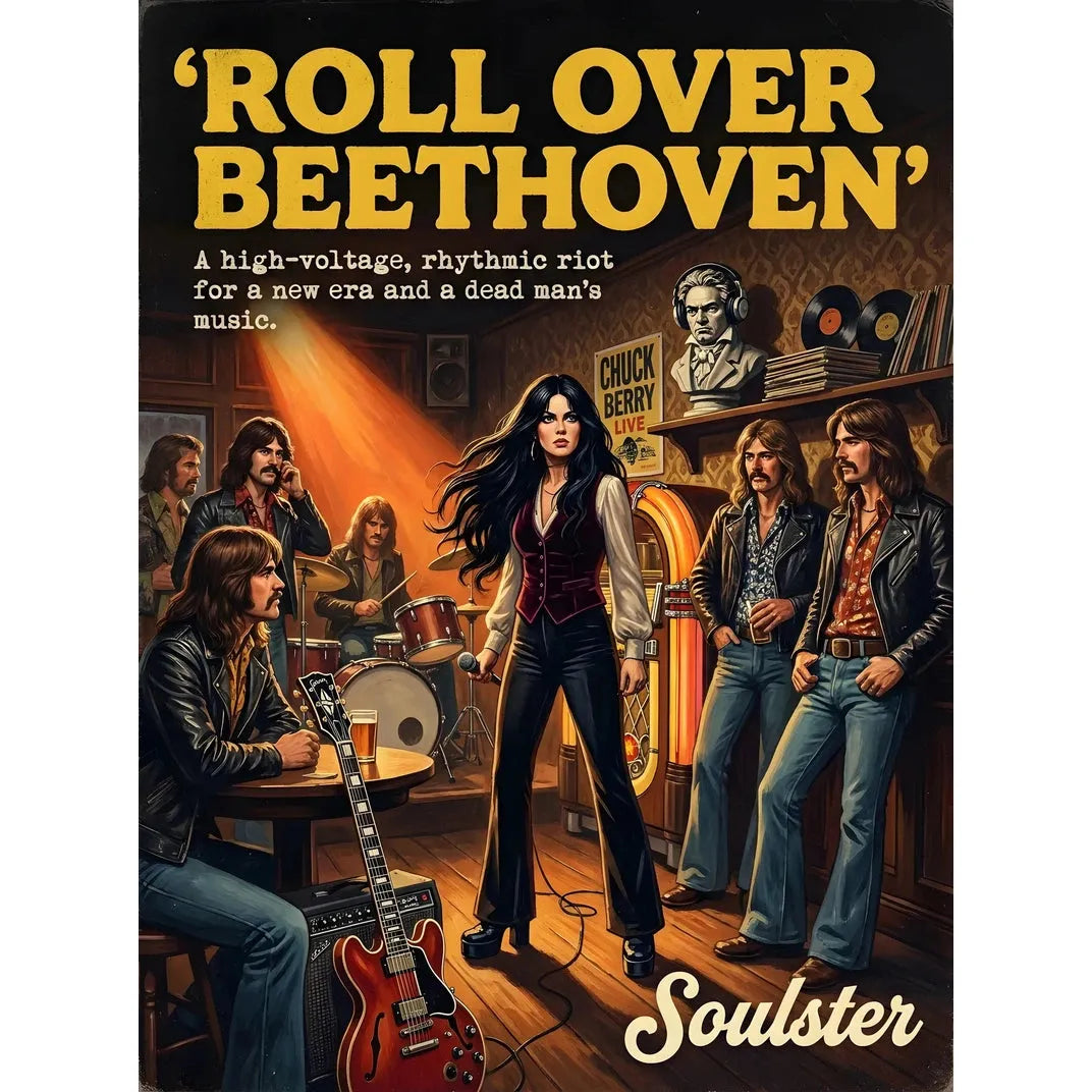 Soulster cinematic vintage pulp book cover art print illustration styled in a classic 1970s theme inspired by Roll Over Beethoven.