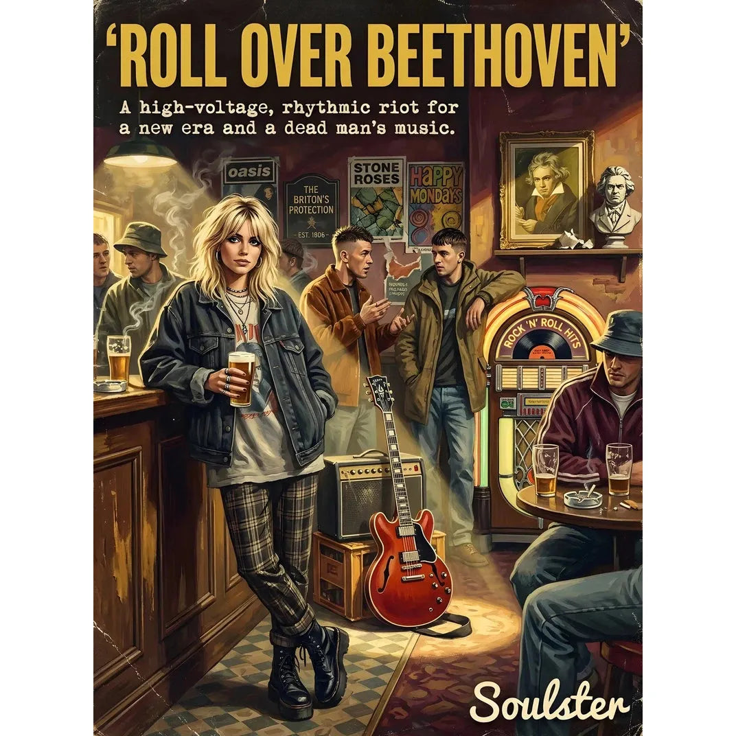 Soulster cinematic vintage pulp book cover art print illustration styled in a classic 1990s theme inspired by Roll Over Beethoven.