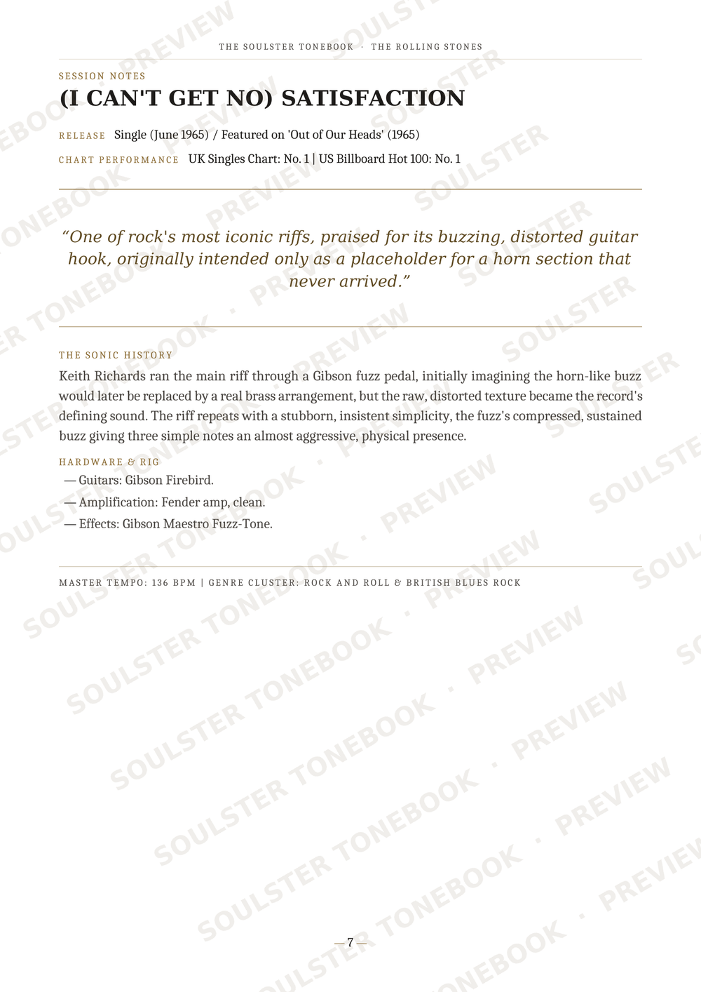 A page from a music book or booklet showing the front cover of a song titled '(I CAN'T GET NO) SATISFACTION' with release details, a quote, and song history text. The page has a white background with gray text and repeated diagonal 'SOULSTER TONEMASTER PREVIEW' watermarks across it.