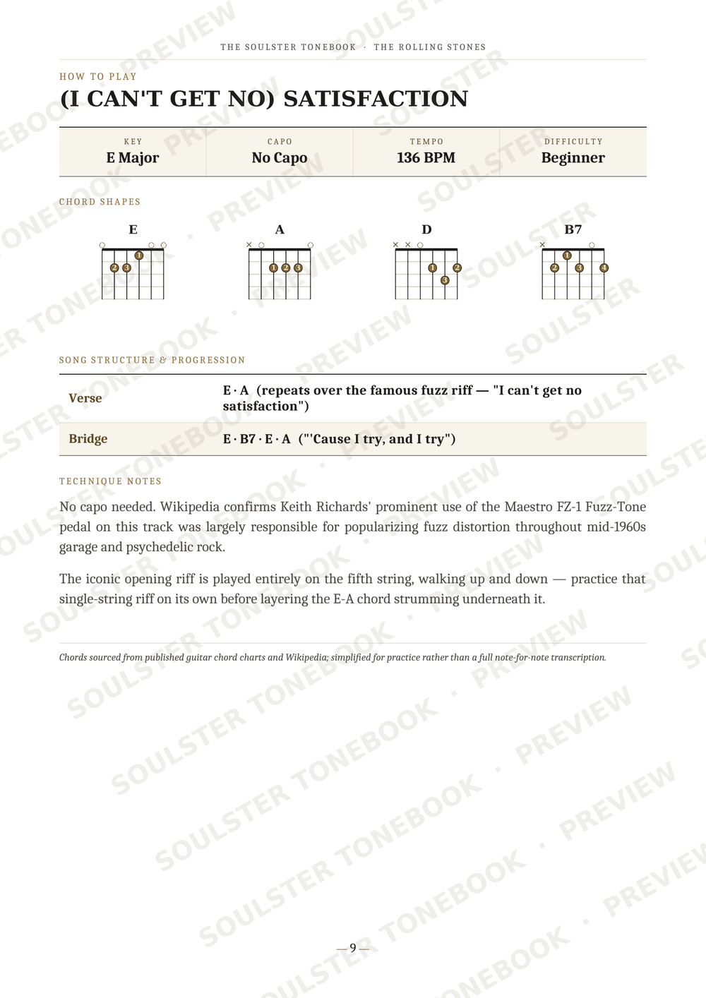 A guitar chord instruction sheet for the song '(I Can't Get No) Satisfaction' by The Rolling Stones, showing E Major chord diagrams, finger placement, strumming, and lyrics with watermark text overlays.