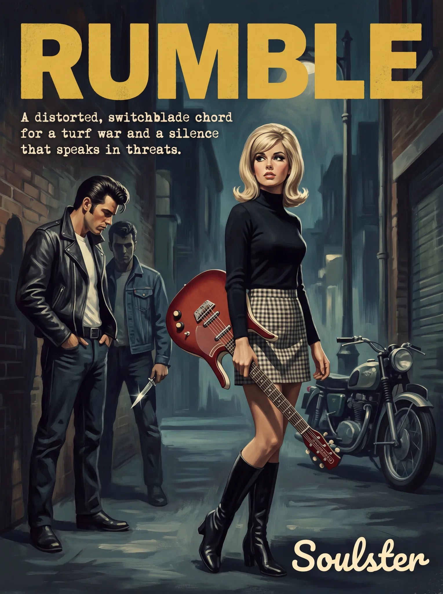 Soulster cinematic vintage pulp book cover art print illustration styled in a classic 1960s theme inspired by Rumble.