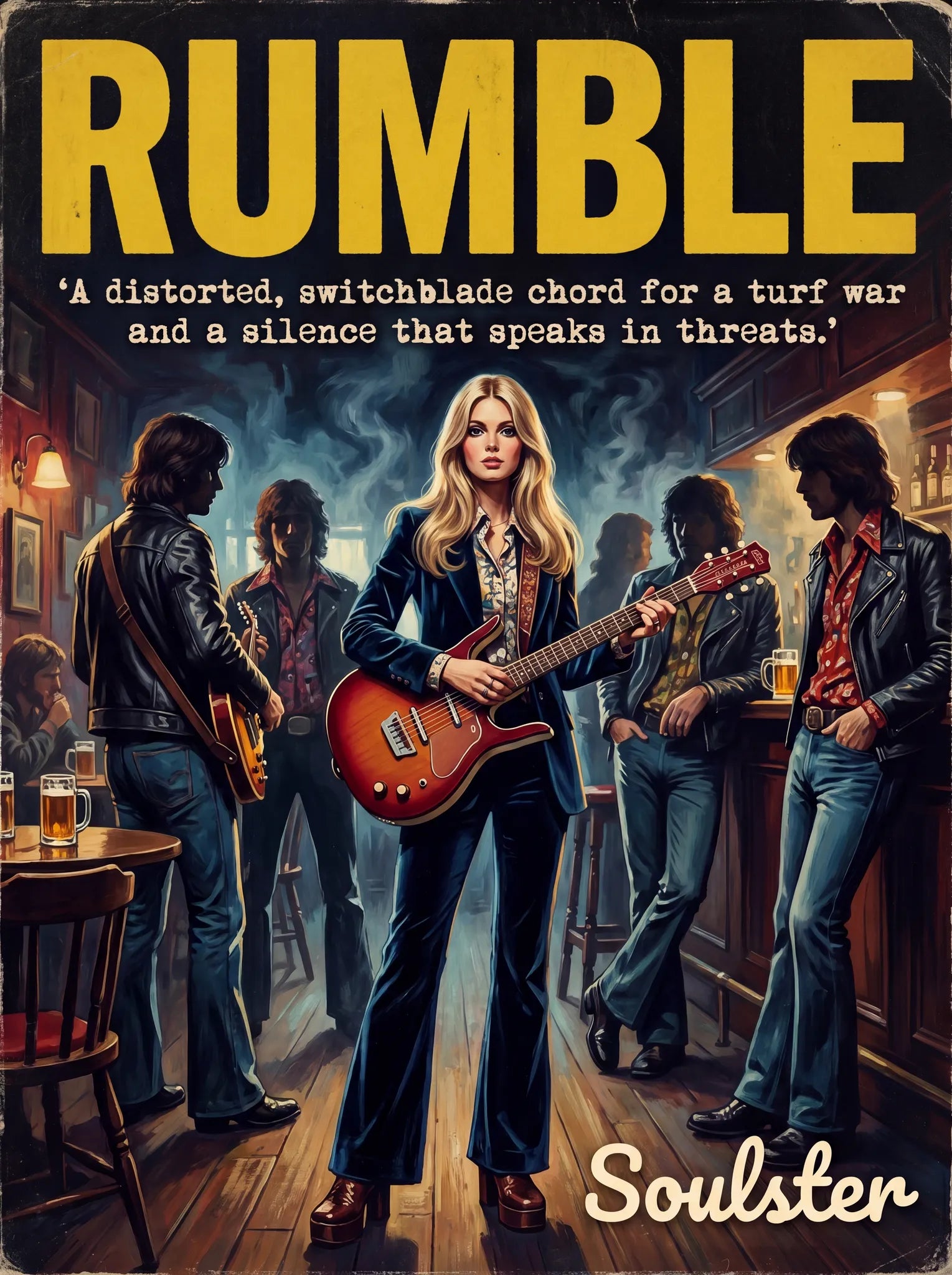Soulster cinematic vintage pulp book cover art print illustration styled in a classic 1970s theme inspired by Rumble.