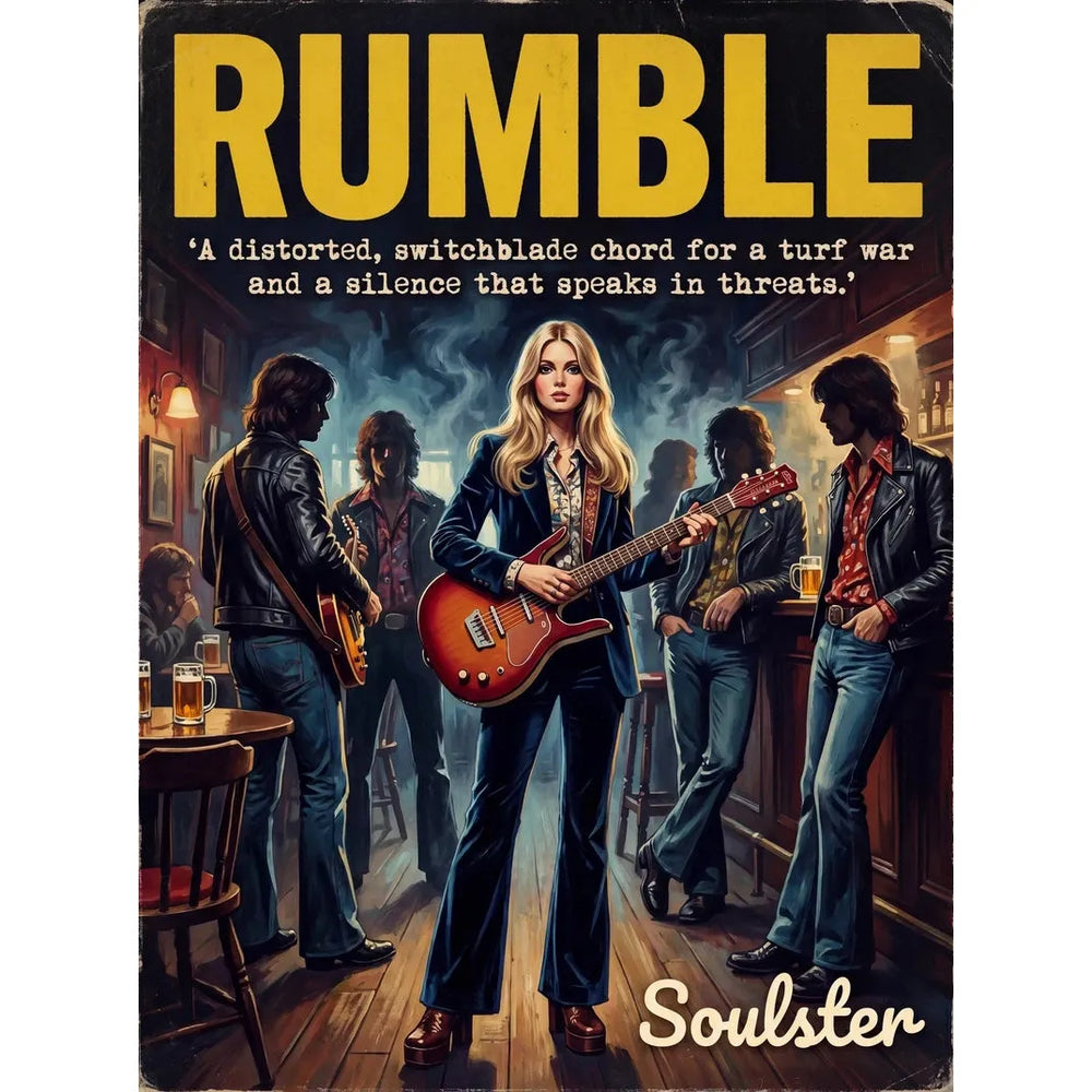 Soulster cinematic vintage pulp book cover art print illustration styled in a classic 1970s theme inspired by Rumble.