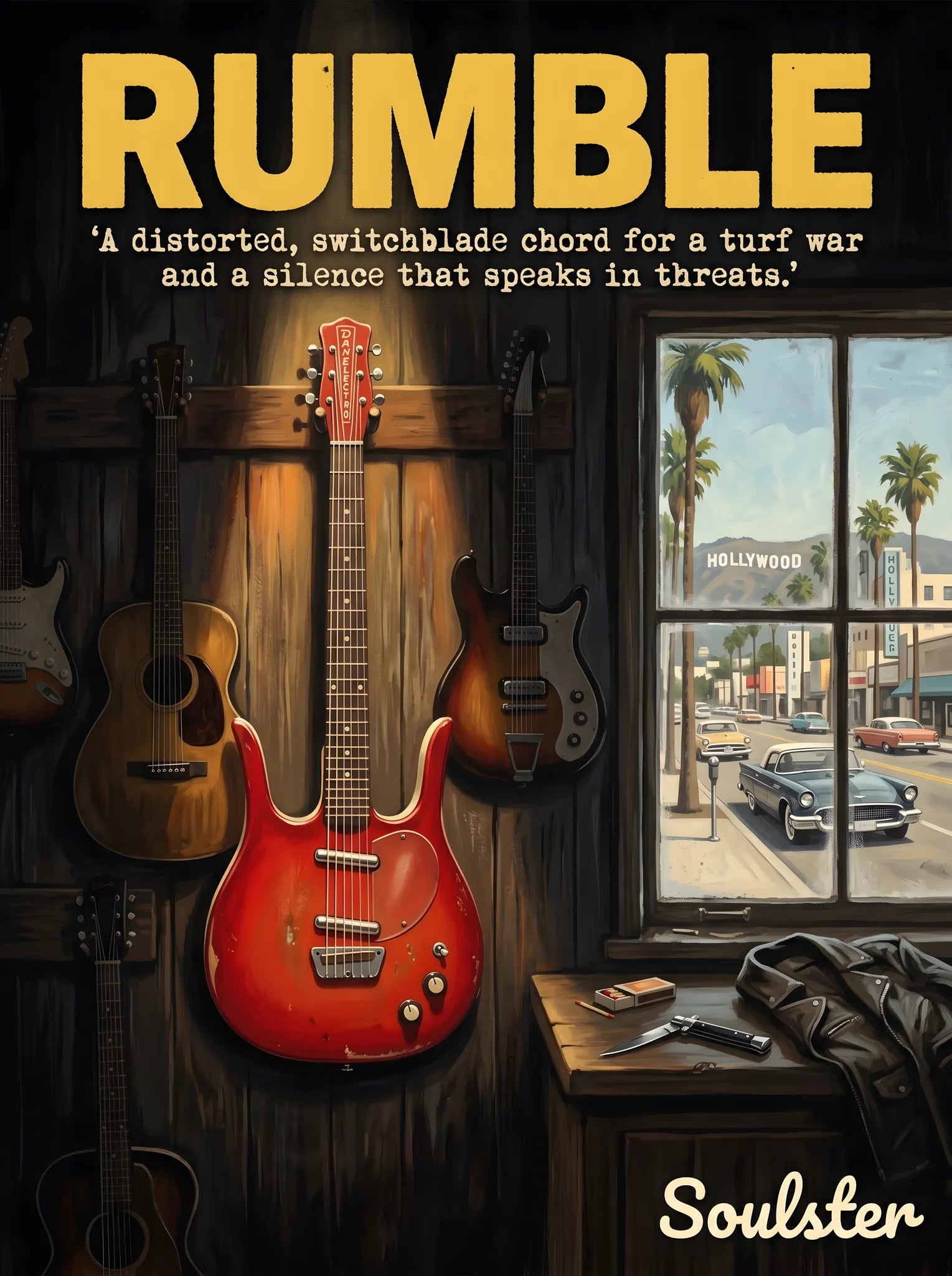 Soulster Manchester Edition wall art print showing a cinematic pulp style design of a Vintage Guitar inspired by Rumble - Los Angeles.