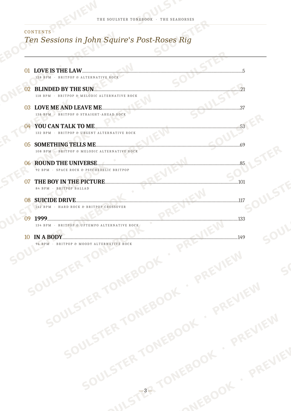 A printed table of contents page from 'The Soulster Tonebook' showing chapter and song titles for 'Ten Sessions in John Squire's Post-Roses Rig' with page numbers and repeated 'SOULSTER TONEBOOK PREVIEW' watermarks across the page.