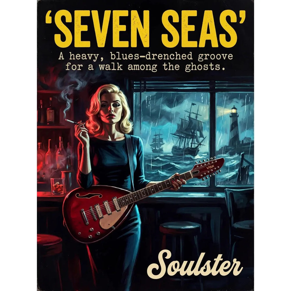 Soulster cinematic vintage pulp book cover art print illustration styled in a classic 1950s design layout inspired by Seven Seas.