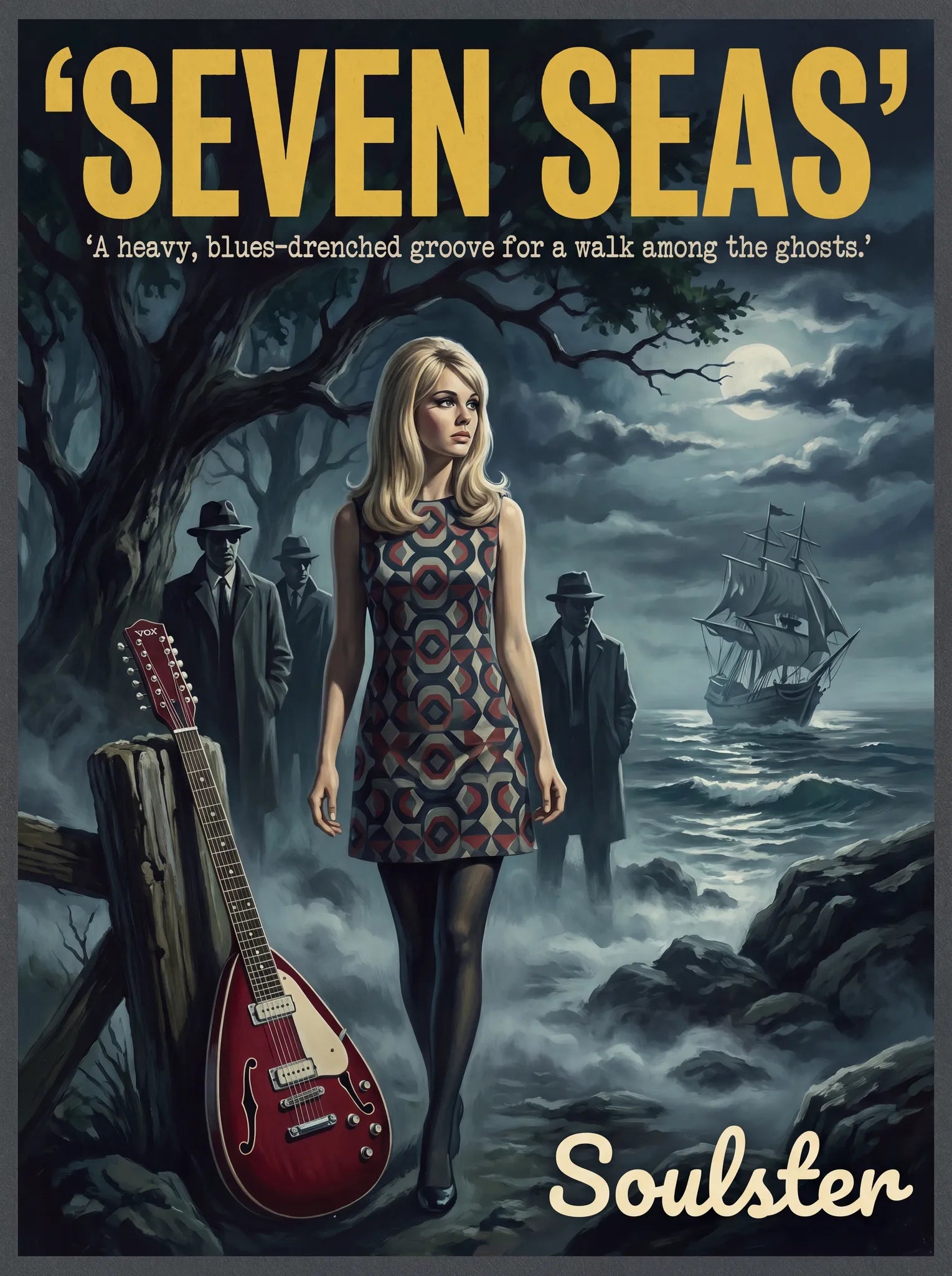 Soulster cinematic vintage pulp book cover art print illustration styled in a classic 1960s design layout inspired by Seven Seas.