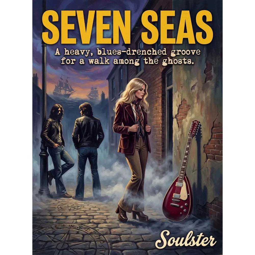 Soulster cinematic vintage pulp book cover art print illustration styled in a classic 1970s design layout inspired by Seven Seas.