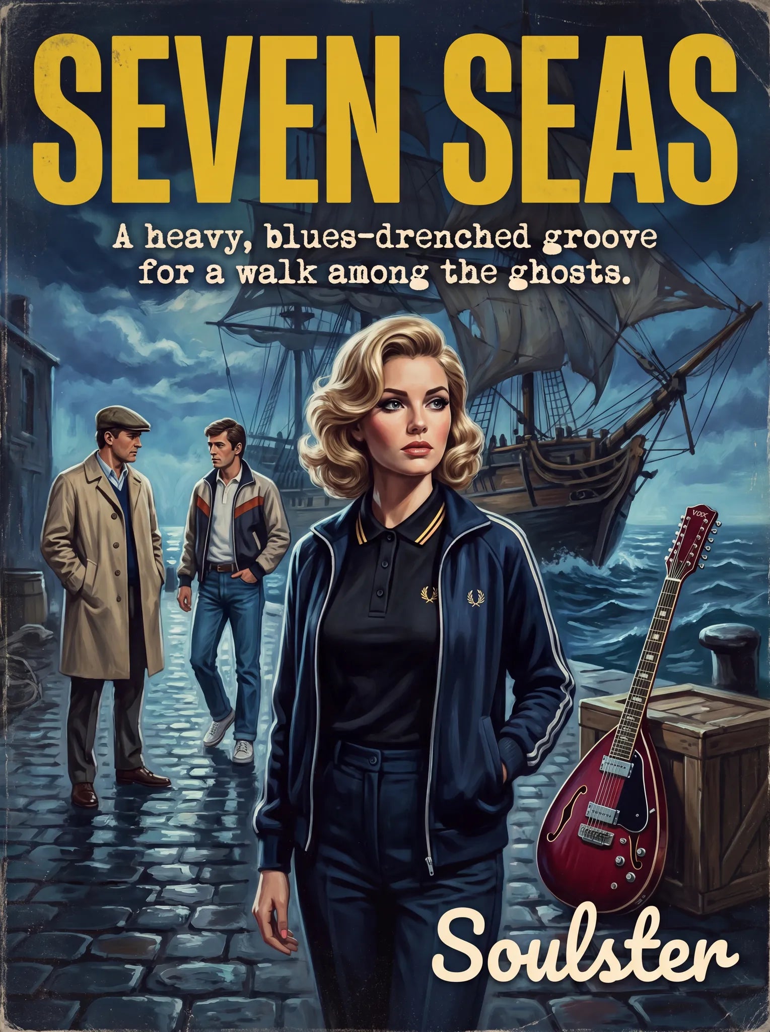 Soulster retro pulp thriller book cover style art print illustration inspired by Alternative Indie - Seven Seas.