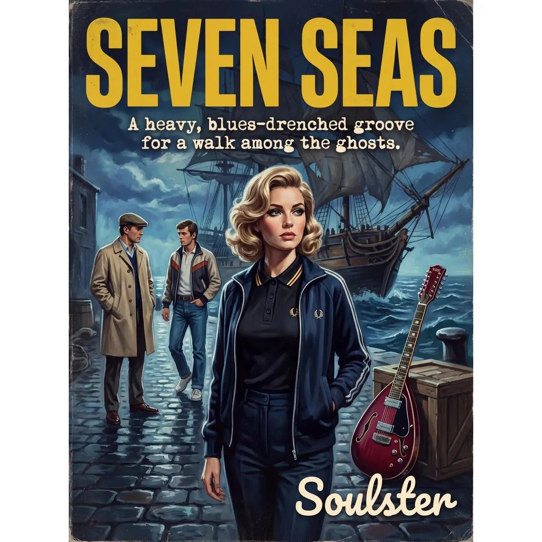 Soulster retro pulp thriller book cover style art print illustration inspired by Alternative Indie - Seven Seas.