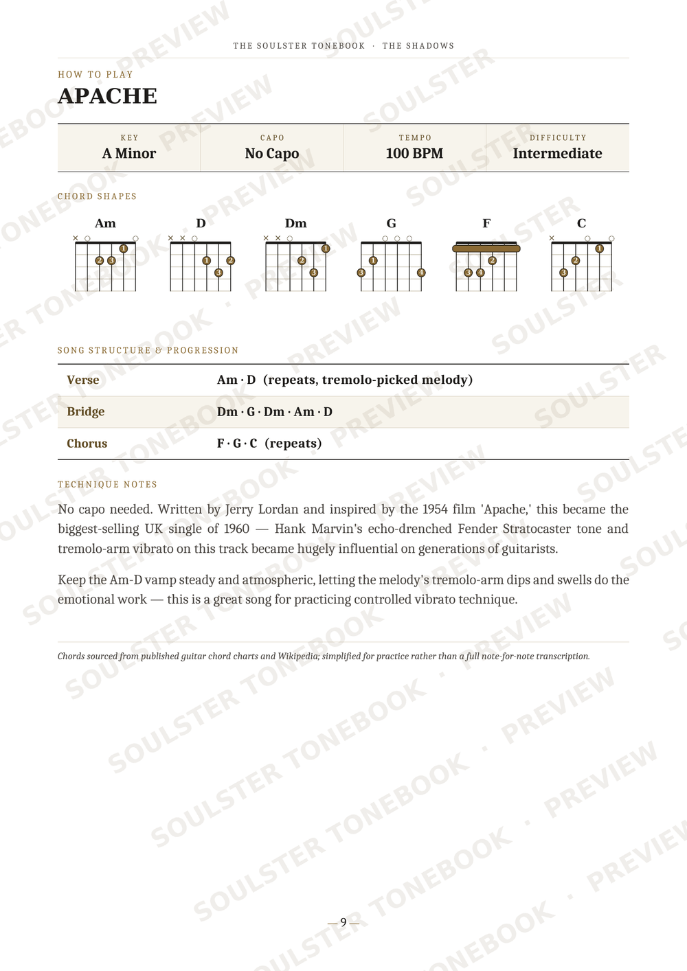 A guitar tab sheet music page for 'Apache' by Josh Leland, featuring chord diagrams for Am, D, Dm, G, F, and C, along with strumming and picking instructions on a white background with a faint watermark.