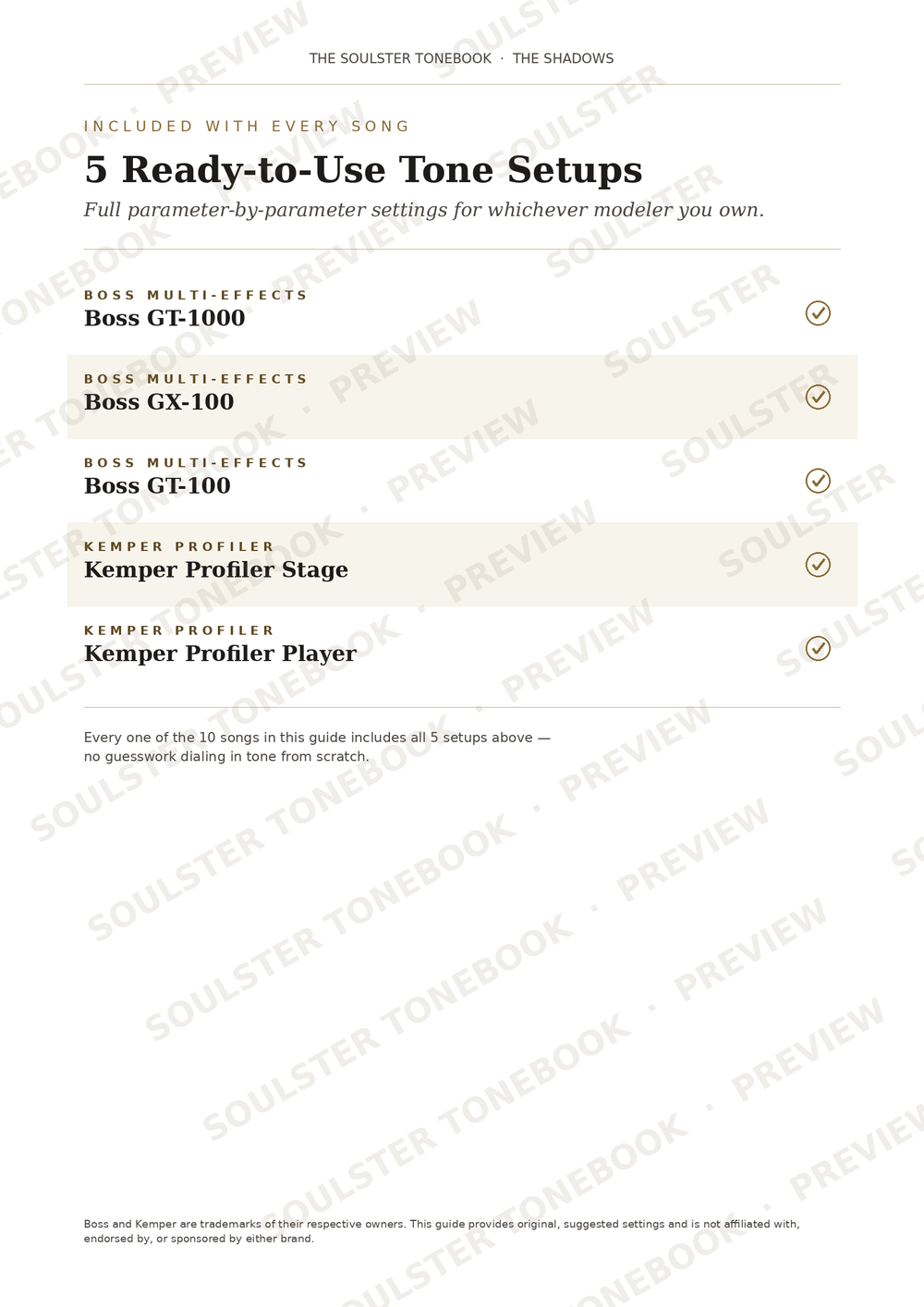A digital preview page from The Soulster Tonebook showing '5 Ready-to-Use Tone Setsups' with listed compatible gear such as Boss multi-effects units, Kemper profilers, and guitar models. The page has a white background with black text and a faint diagonal SOULSTER TONEBOOK PREVIEW watermark.