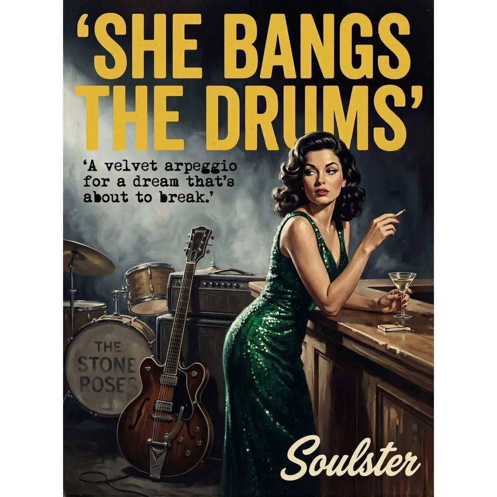 Soulster cinematic vintage pulp book cover art print illustration styled in a classic 1950s design layout inspired by She Bangs The Drums.