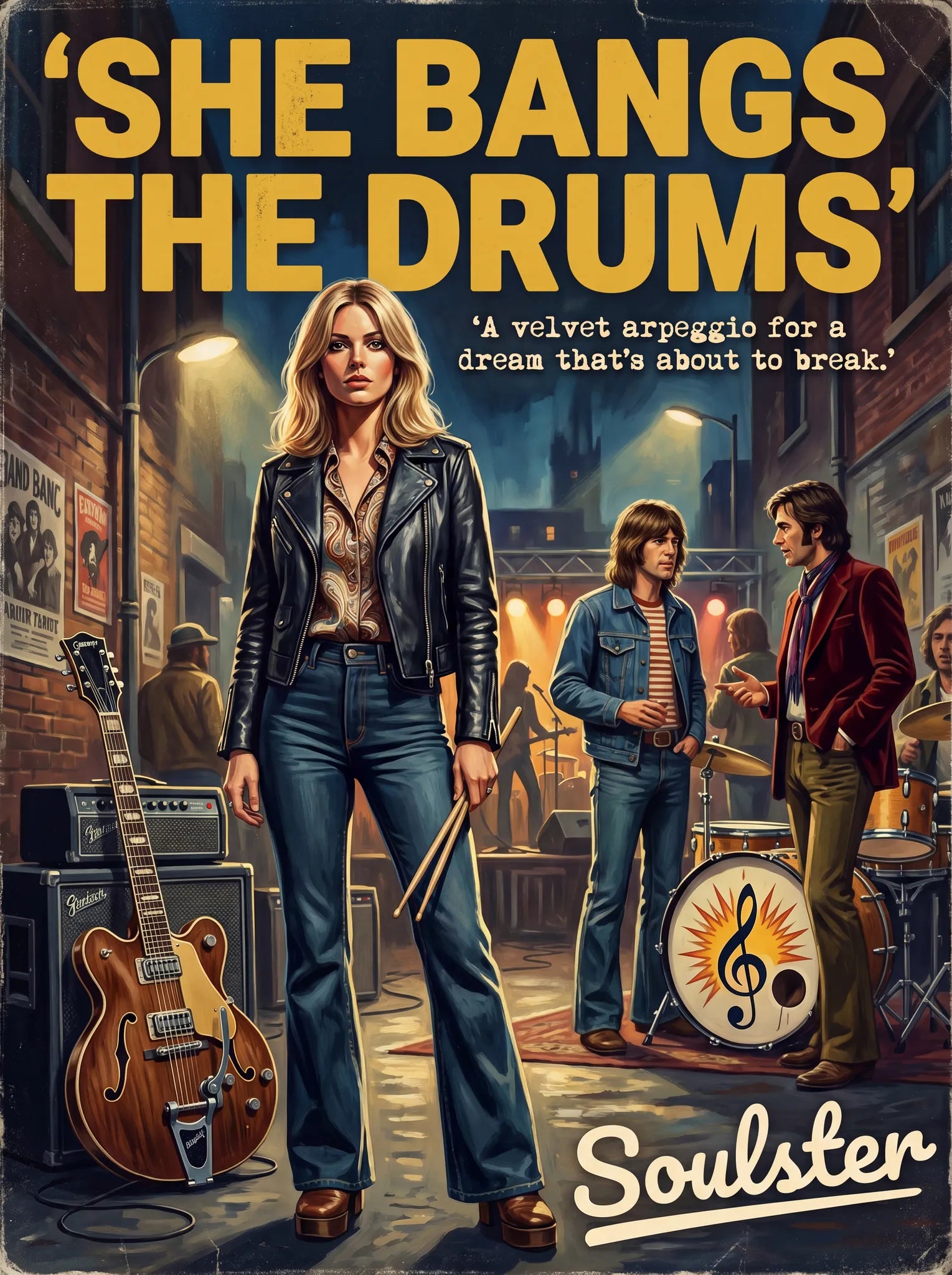 Soulster cinematic vintage pulp book cover art print illustration styled in a classic 1970s design layout inspired by She Bangs The Drums.