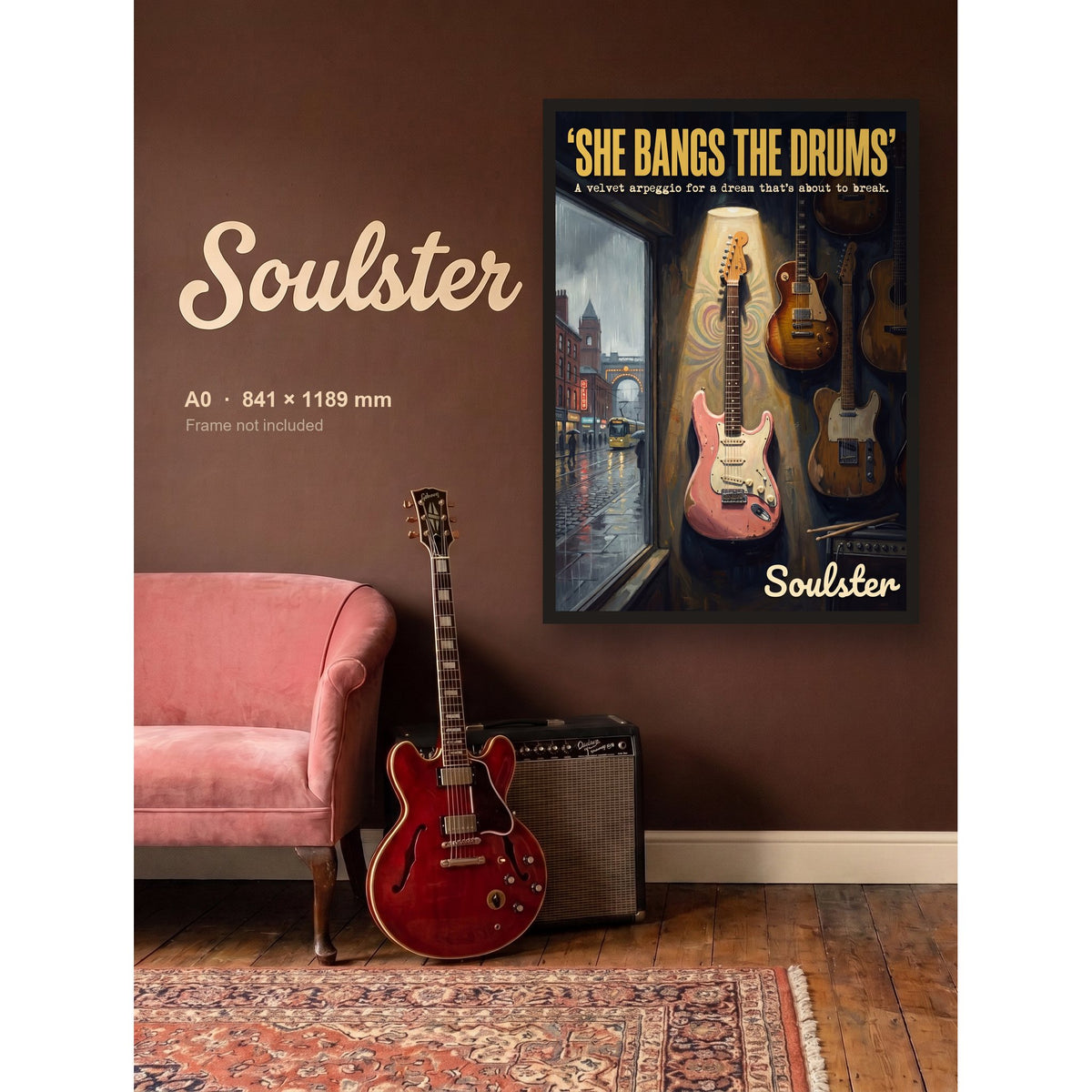 She Bangs The Drums - Manchester shown framed on a wall in A0 size. Frame not included.