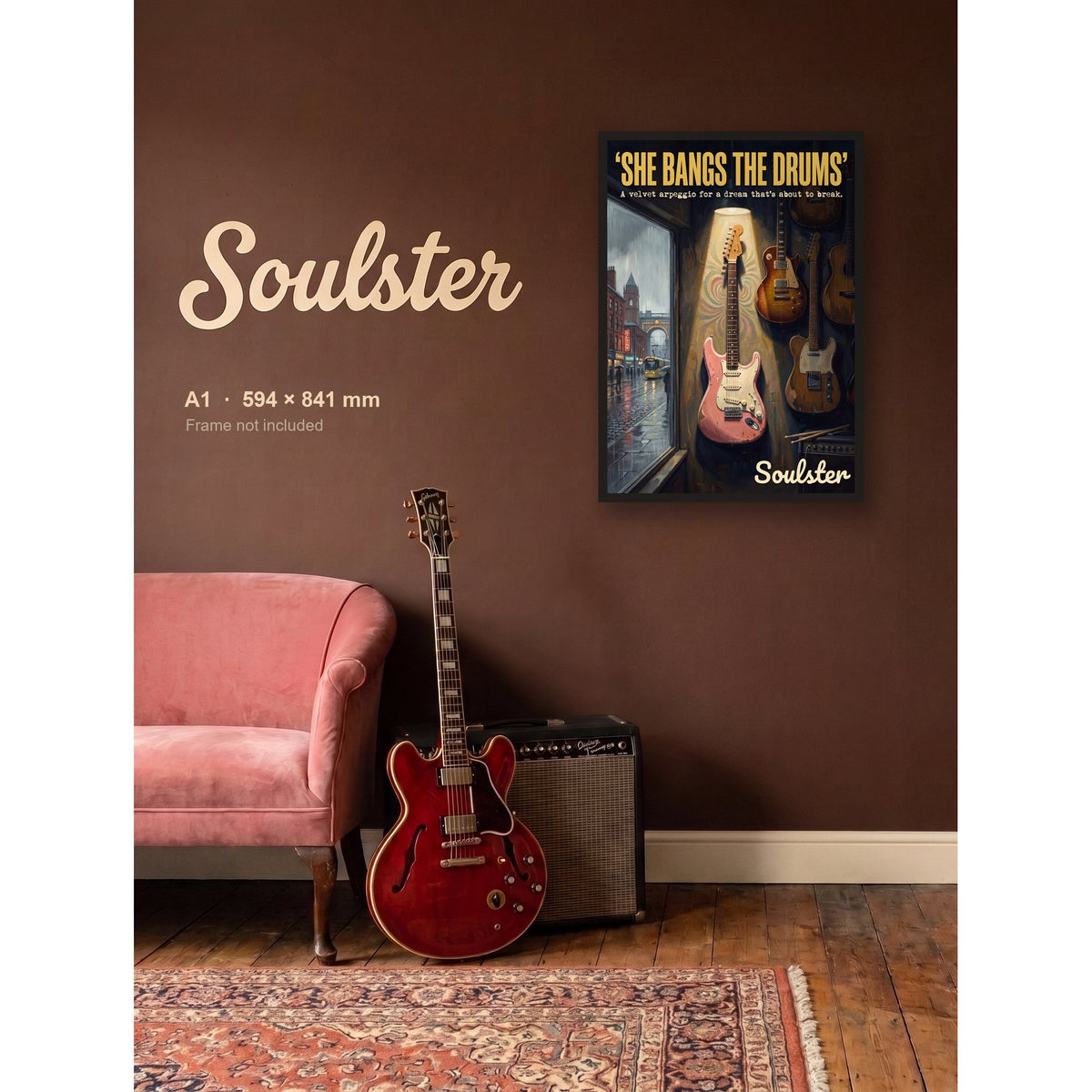She Bangs The Drums - Manchester shown framed on a wall in A1 size. Frame not included.