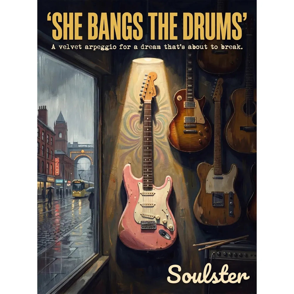 Soulster Manchester Edition wall art print showing a cinematic pulp style design of a Vintage Guitar inspired by She Bangs The Drums.