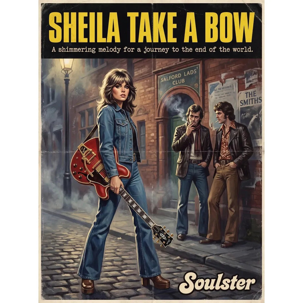 Soulster cinematic vintage pulp book cover art print illustration styled in a classic 1970s design layout inspired by Sheila Take A Bow.