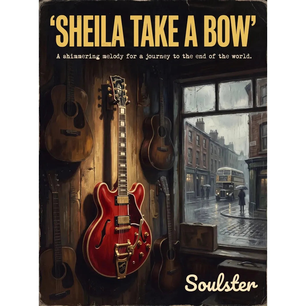 Soulster Manchester Edition wall art print showing a cinematic pulp style design of a Gibson ES-355 Custom inspired by Sheila Take A Bow.