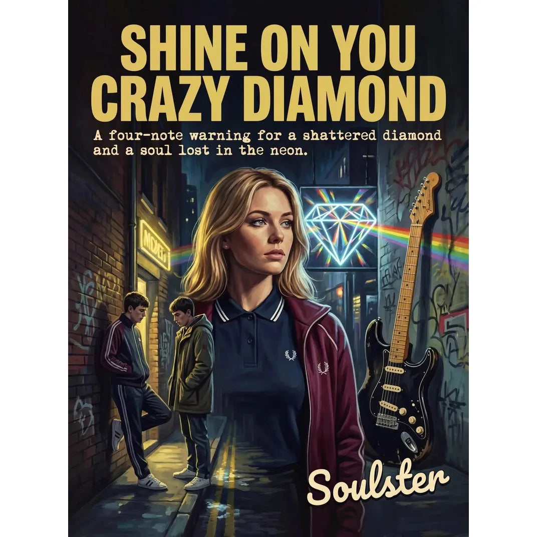 Soulster retro pulp thriller book cover style art print illustration inspired by Pink Floyd - Shine On You Crazy Diamond.