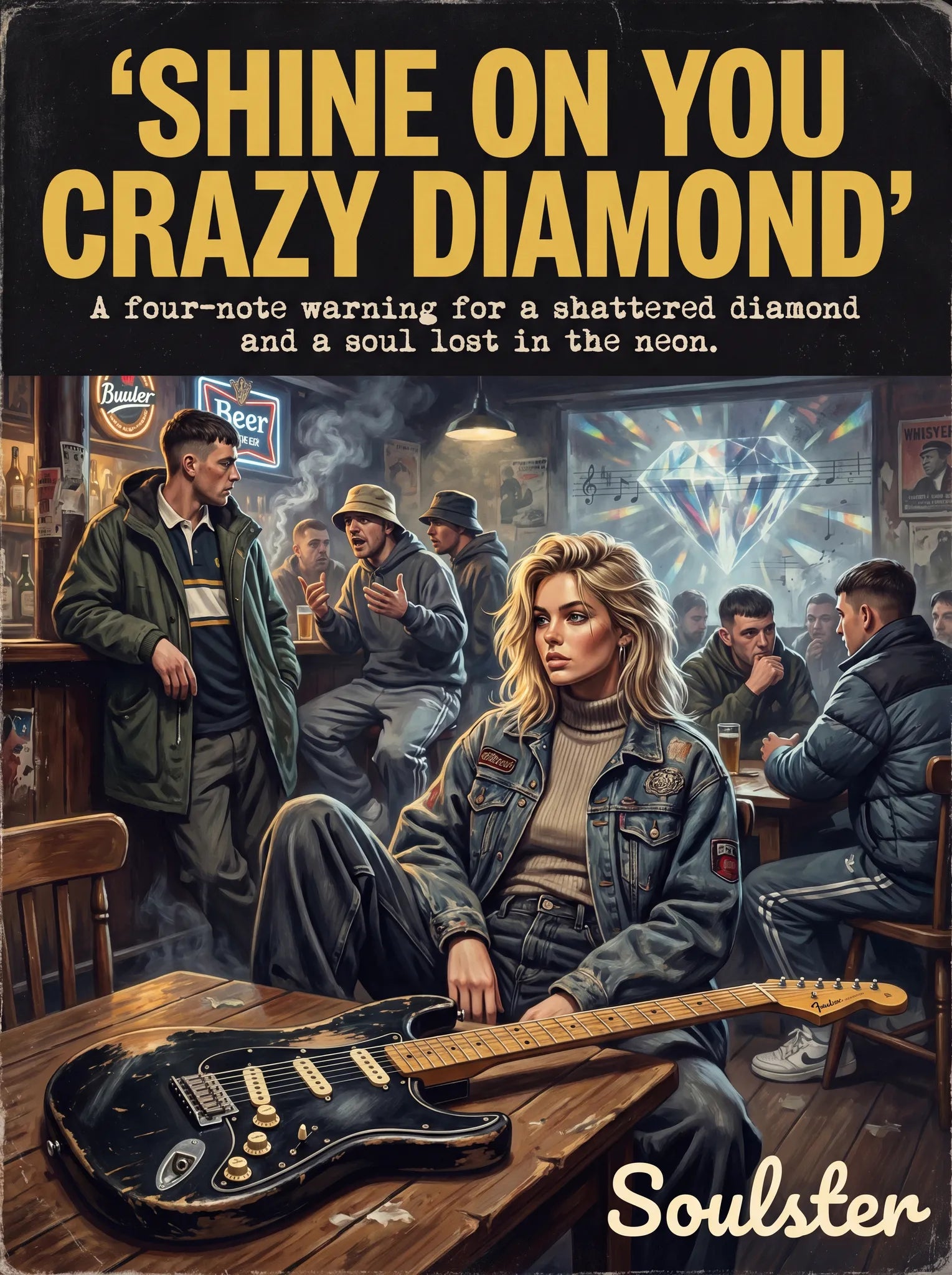 Soulster cinematic vintage pulp book cover art print illustration styled in a classic 1990s design layout inspired by Shine On You Crazy Diamond.