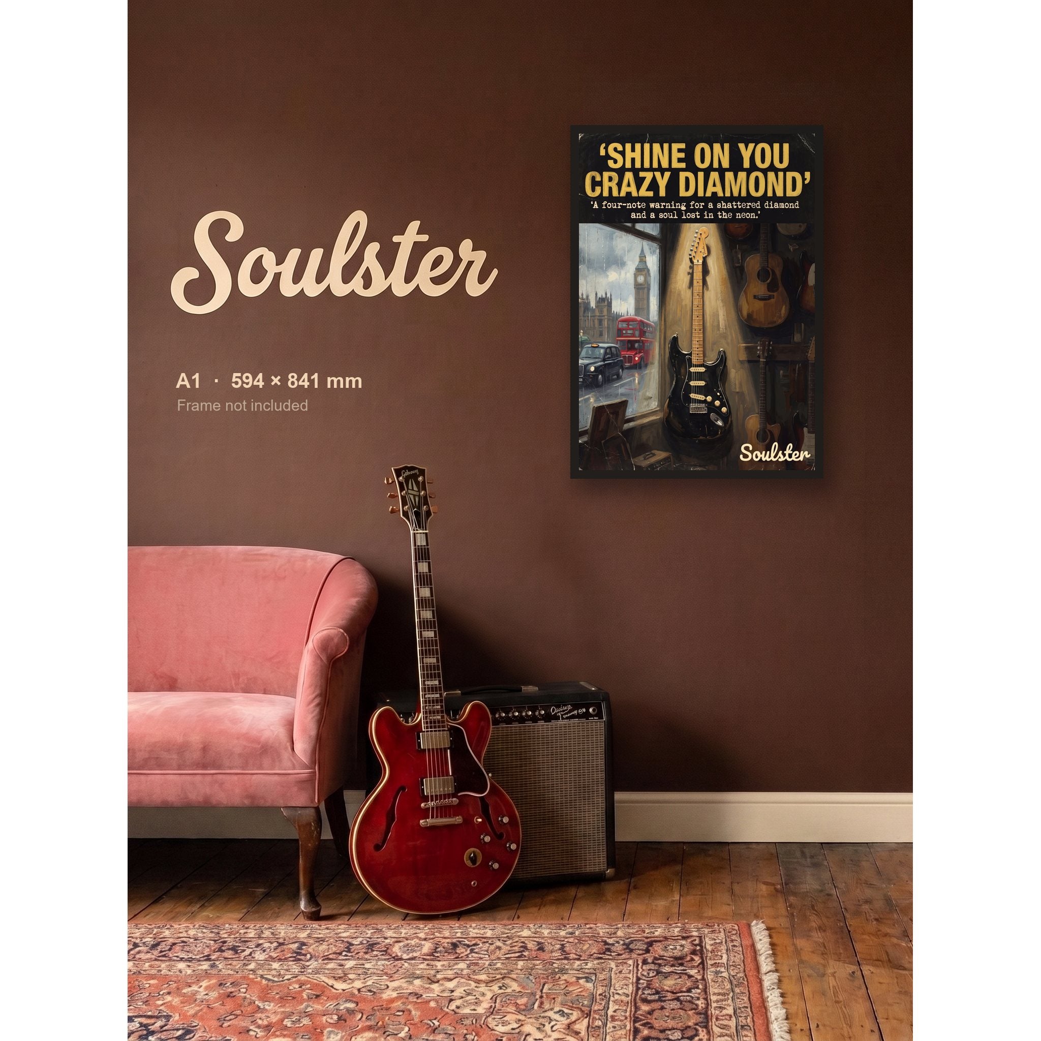 Shine On You Crazy Diamond - London shown framed on a wall in A1 size. Frame not included.