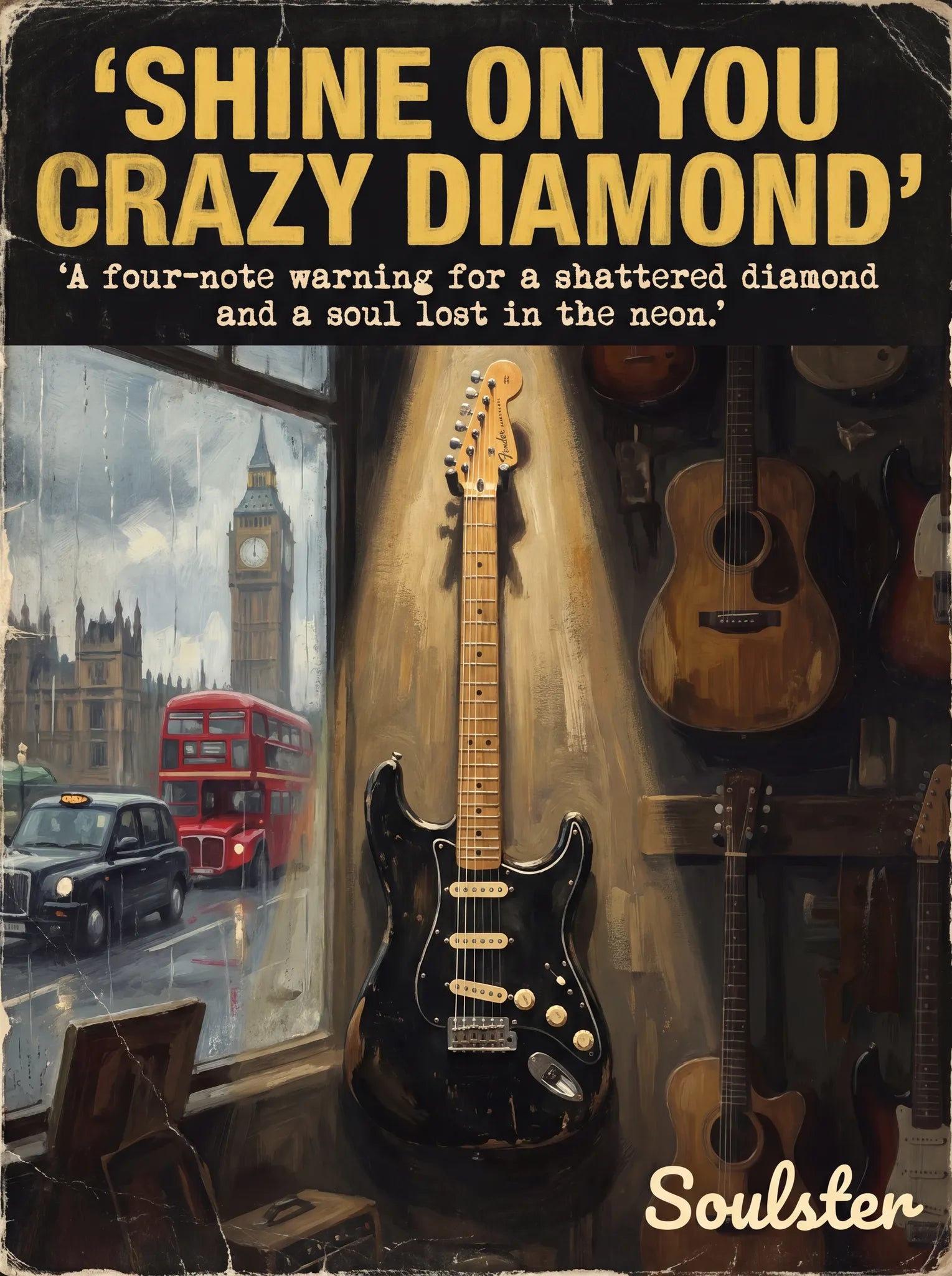 Soulster Manchester Edition wall art print showing a cinematic pulp style design of a Vintage Guitar inspired by Shine On You Crazy Diamond - London.