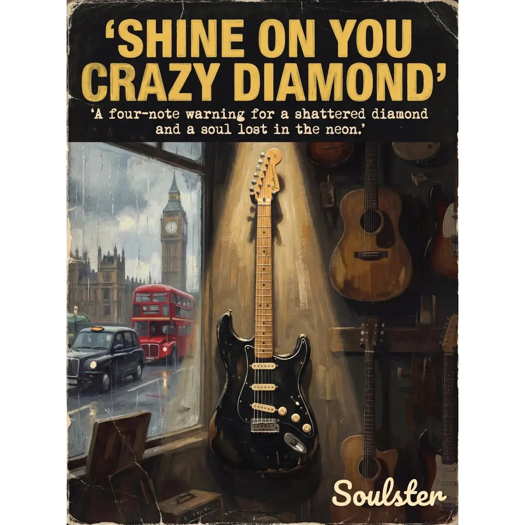 Soulster Manchester Edition wall art print showing a cinematic pulp style design of a Vintage Guitar inspired by Shine On You Crazy Diamond - London.