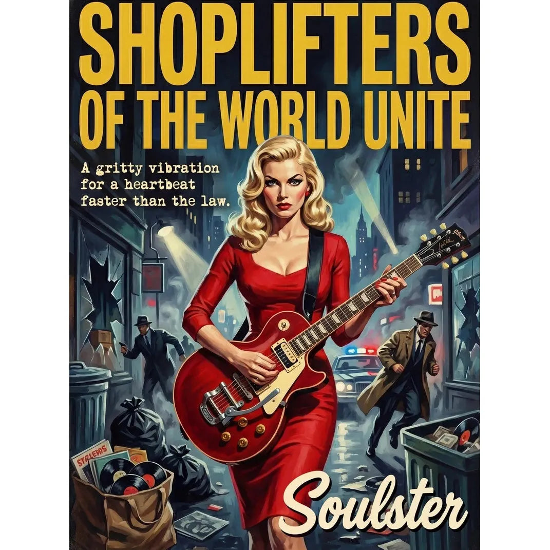 Soulster cinematic vintage pulp book cover art print illustration styled in a classic 1950s design layout inspired by Shoplifters Of The World Unite.