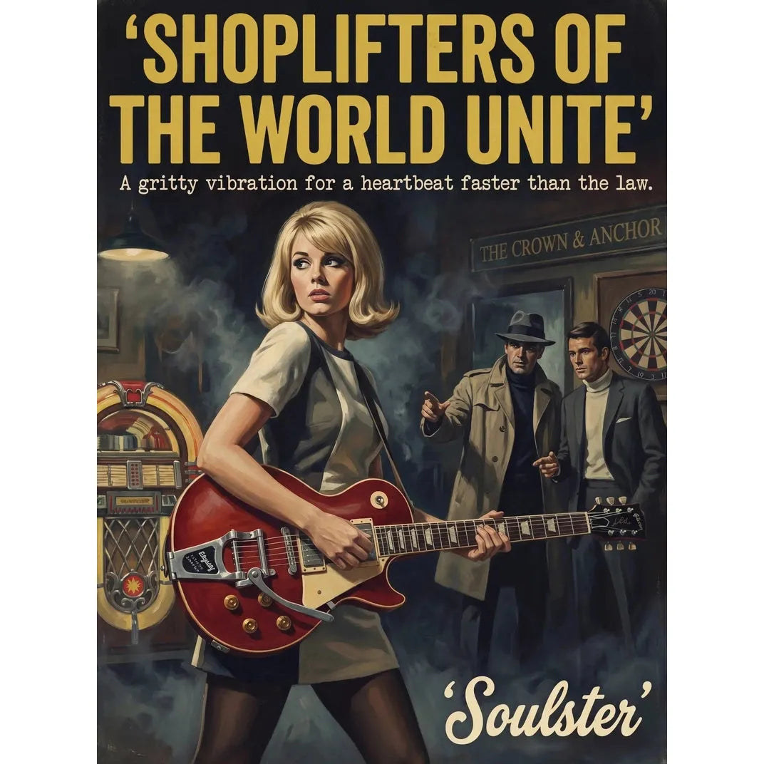 Soulster cinematic vintage pulp book cover art print illustration styled in a classic 1960s design layout inspired by Shoplifters Of The World Unite.