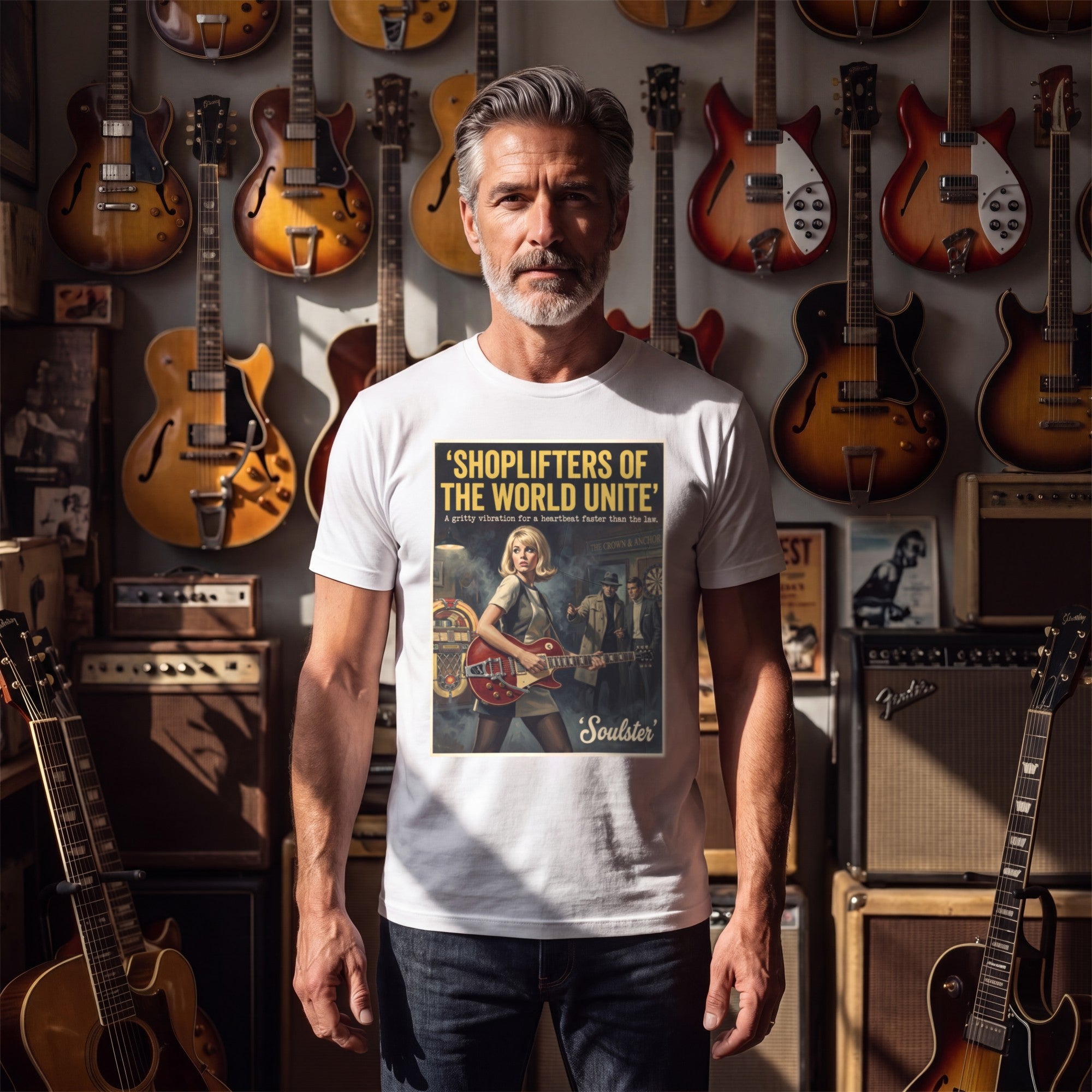 Man wearing the Shoplifters Of The World Unite T-Shirt - Paperback Edition in a guitar shop in natural daylight.