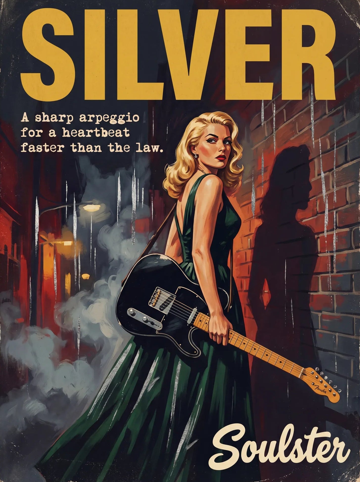 Soulster cinematic vintage pulp book cover art print illustration styled in a classic 1950s design layout inspired by Silver.