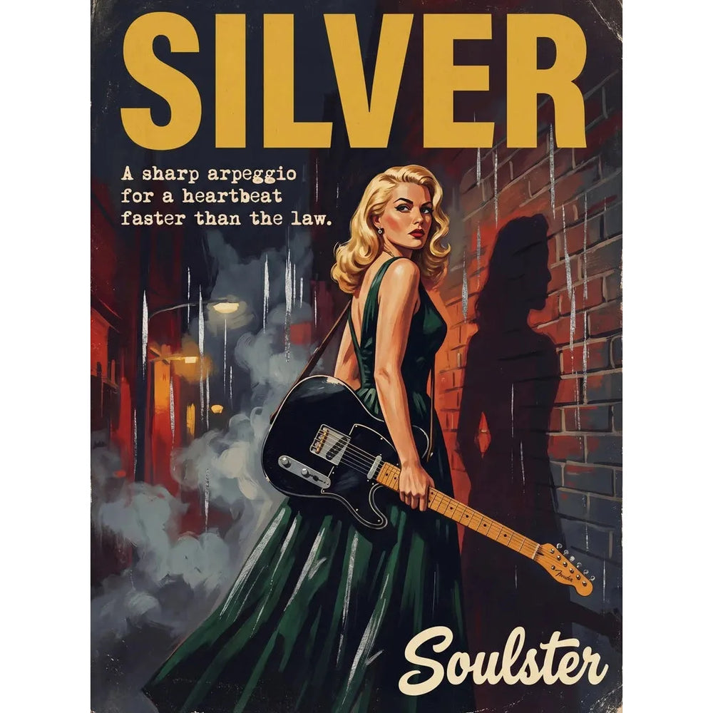 Soulster cinematic vintage pulp book cover art print illustration styled in a classic 1950s design layout inspired by Silver.