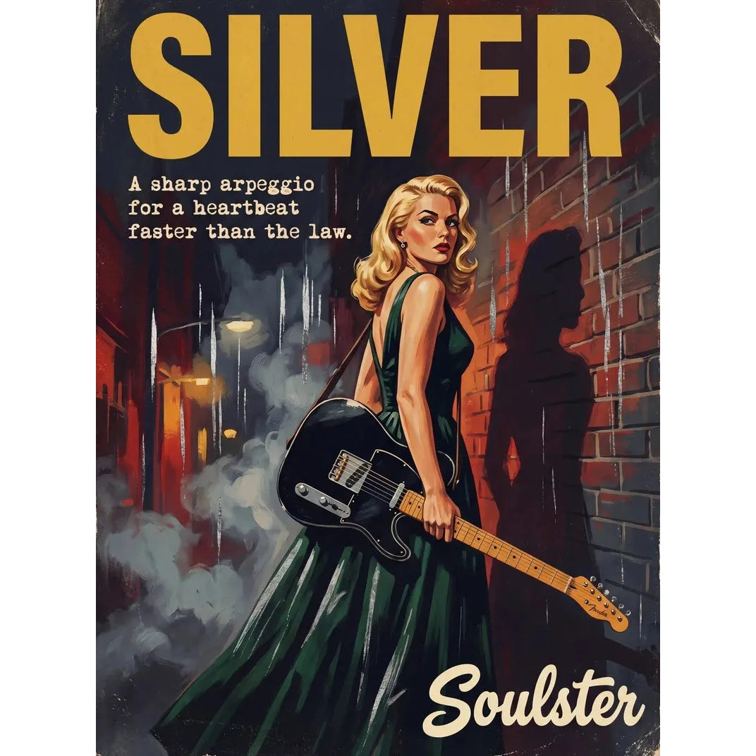 Soulster cinematic vintage pulp book cover art print illustration styled in a classic 1950s design layout inspired by Silver.