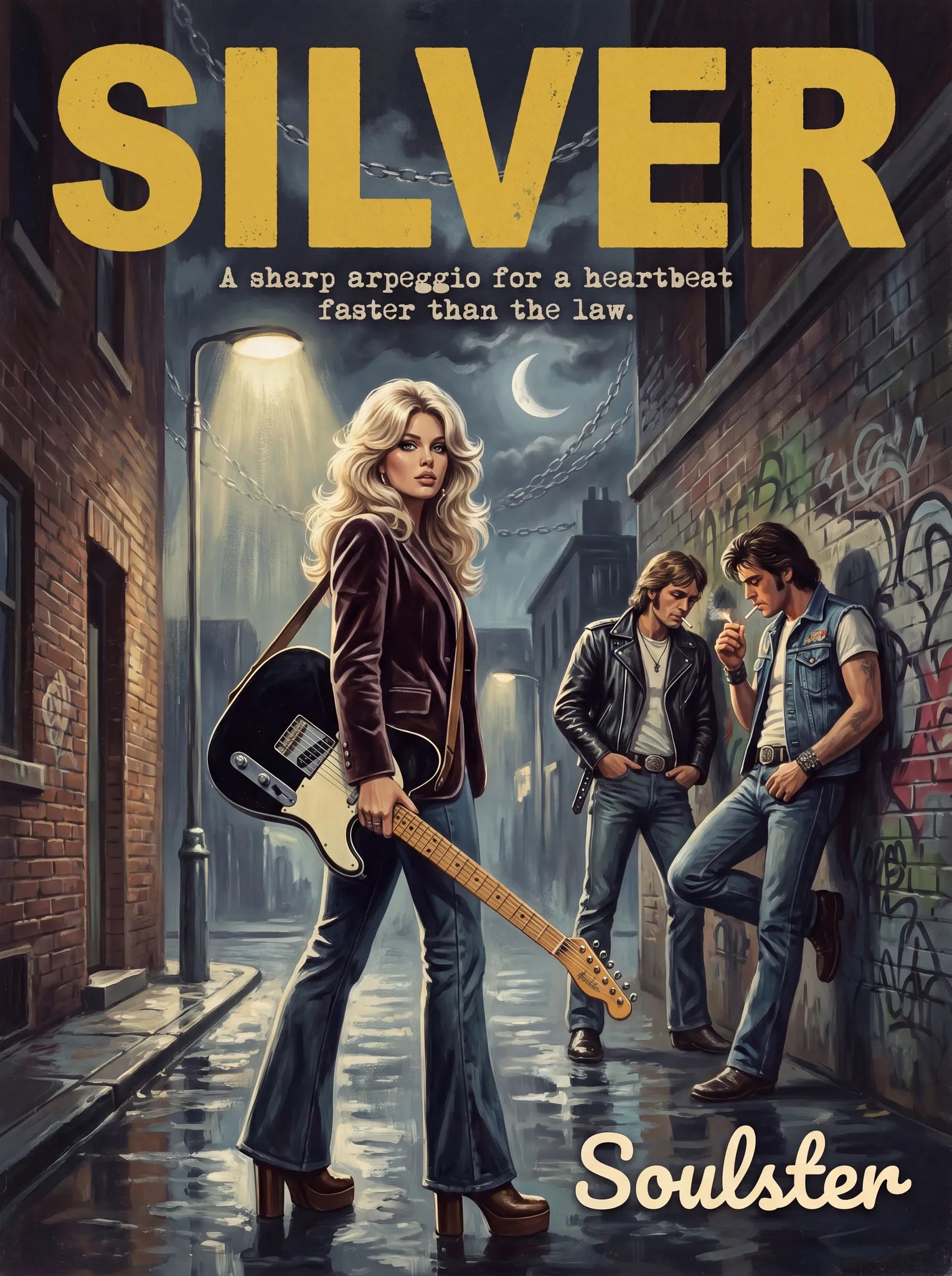 Soulster cinematic vintage pulp book cover art print illustration styled in a classic 1970s design layout inspired by Silver.