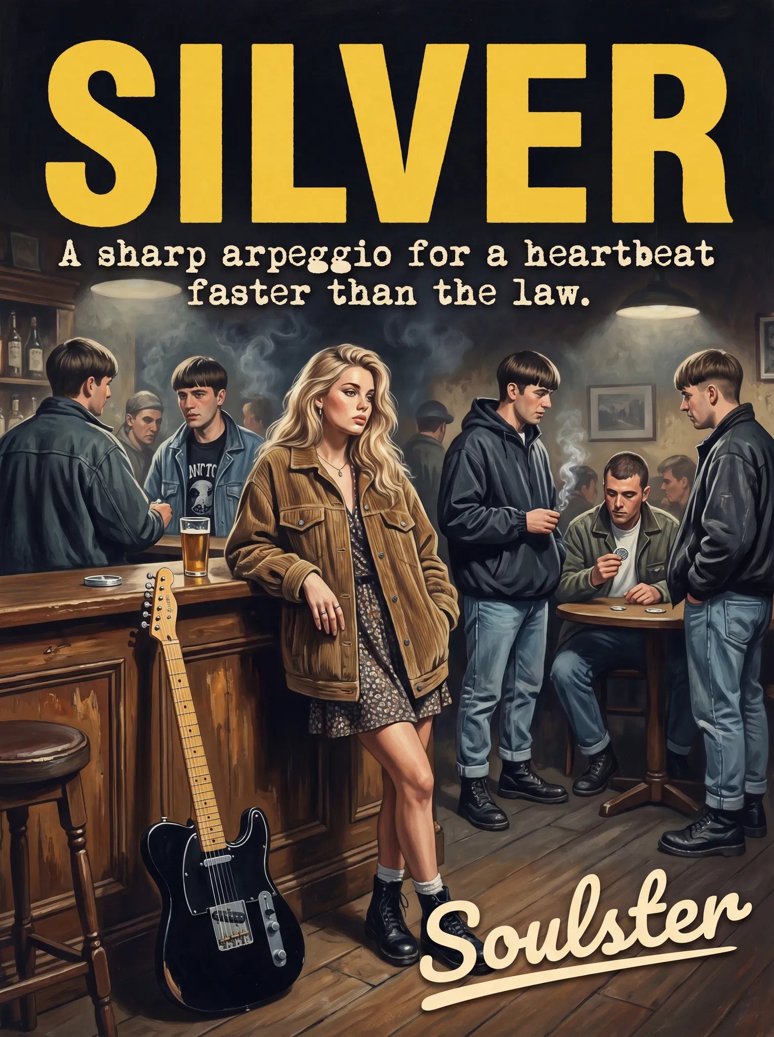 Soulster cinematic vintage pulp book cover art print illustration styled in a classic 1990s design layout inspired by Silver.
