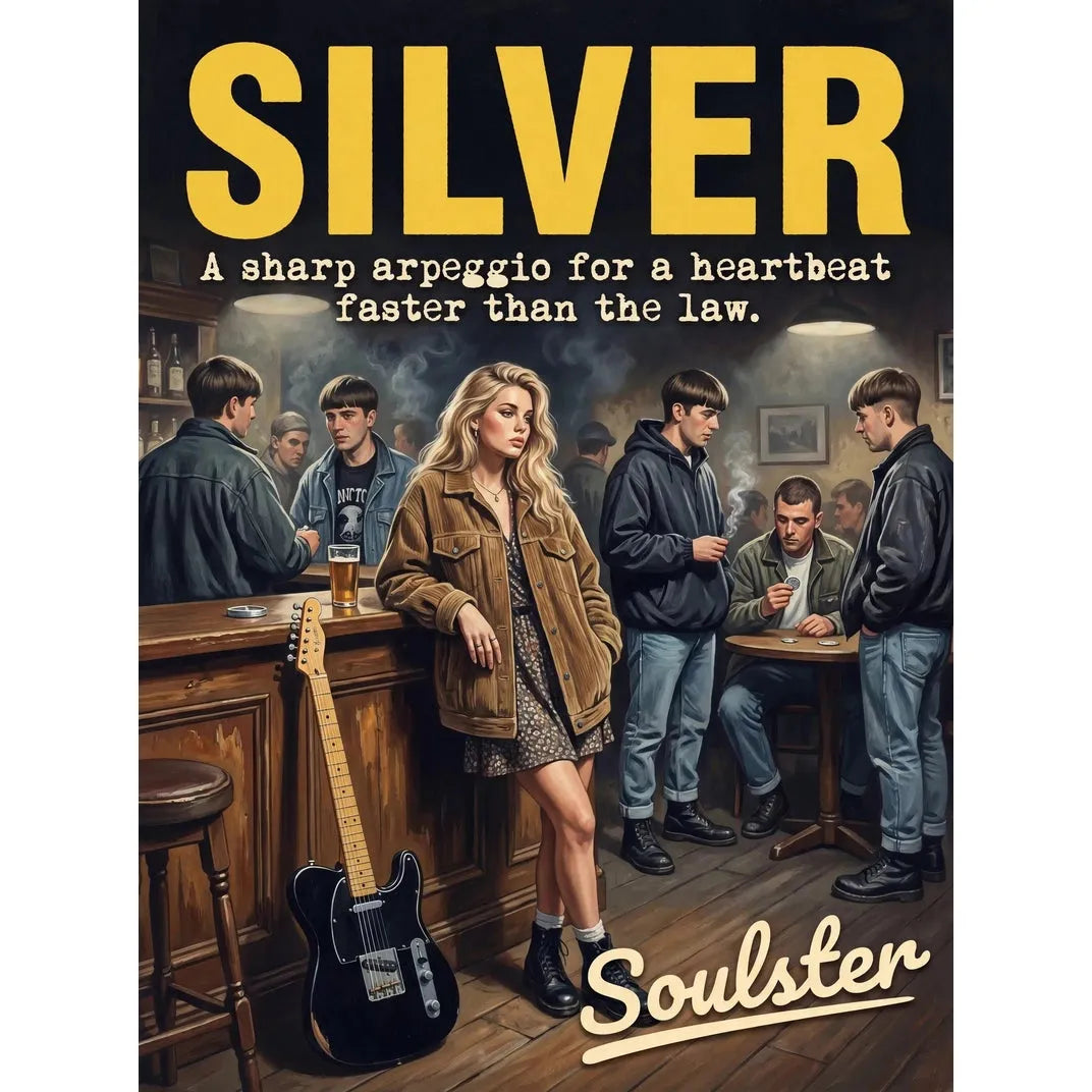 Soulster cinematic vintage pulp book cover art print illustration styled in a classic 1990s design layout inspired by Silver.