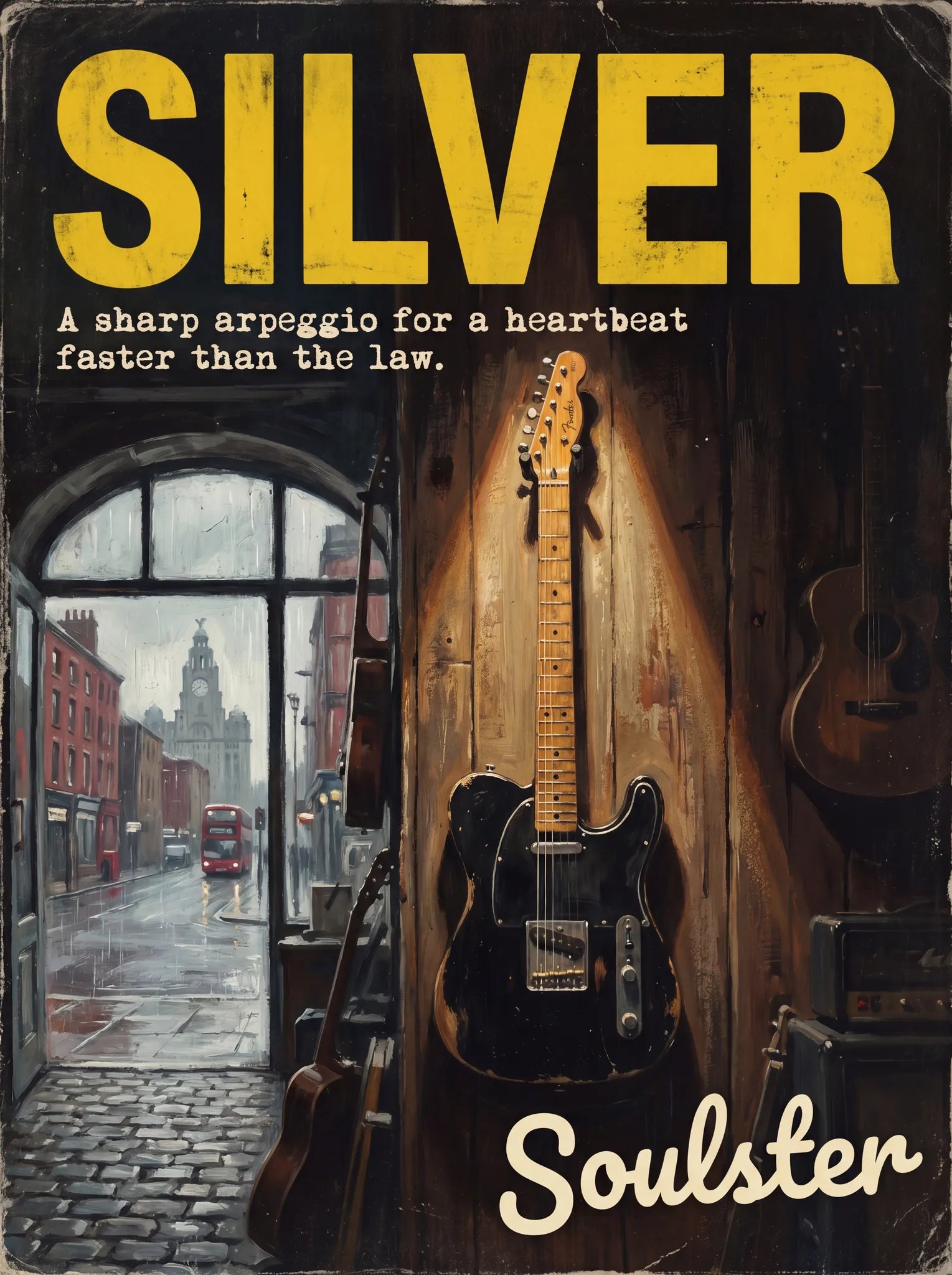 Soulster Manchester Edition wall art print showing a cinematic pulp style design of a Vintage Guitar inspired by Silver - Liverpool.