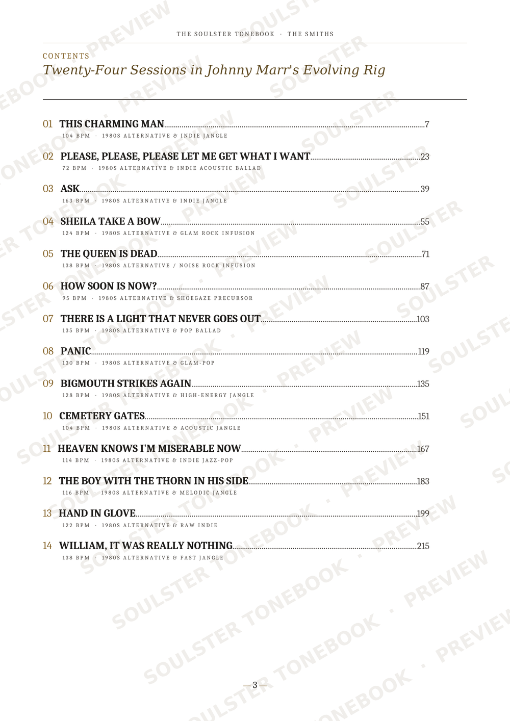 A printed table of contents page from a book, titled 'Twenty-Four Sessions in Johnny Marr's Evolving Rig' with song titles, page numbers, and a footer reading 'THE SKELETOR TEENDRAM / THE UNITED'. The page is white with black text and repeated diagonal watermark text across it.