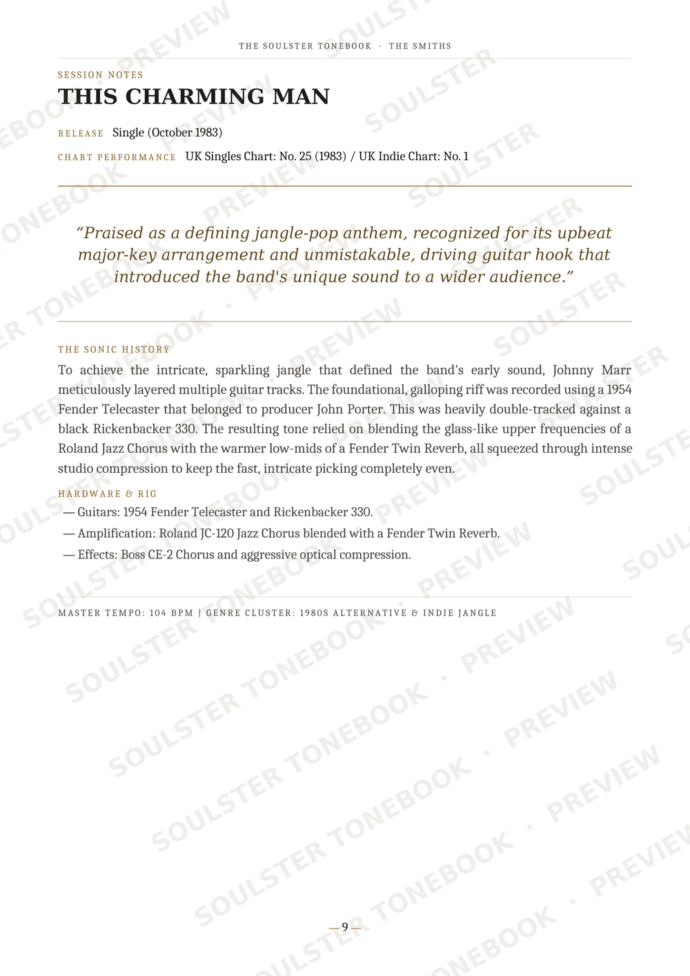 A scanned page from a music publication featuring the song 'This Charming Man' by Johnny Marr, with printed text, release details, and a quote. The page has a white background with black text and diagonal watermark text reading 'SOULSTORE.