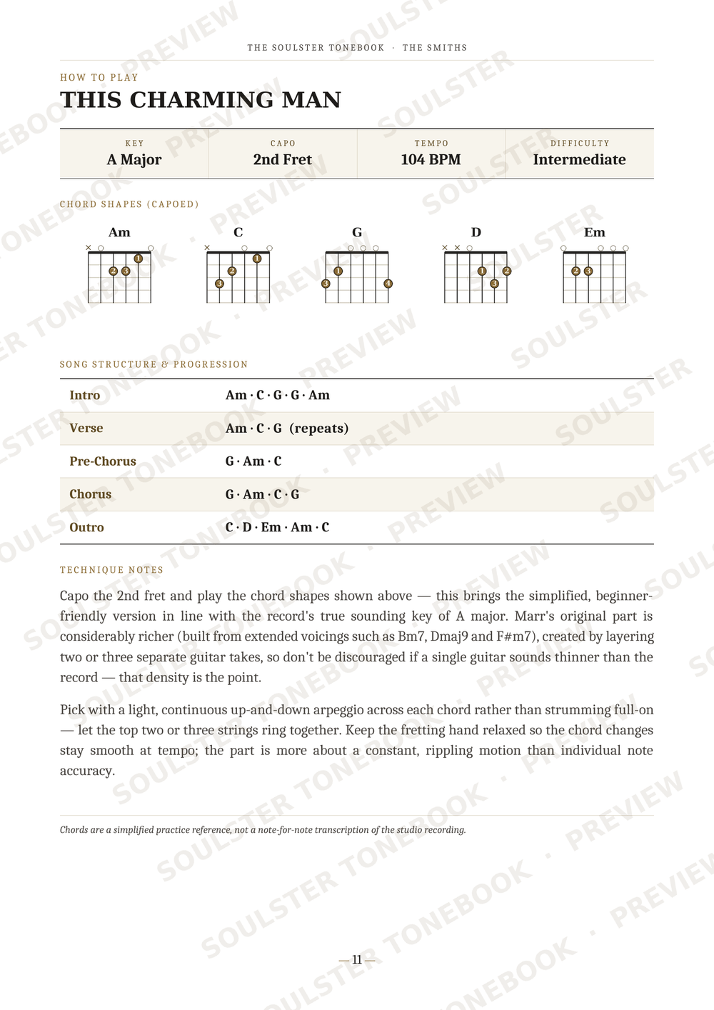 A page from a guitar instruction book titled 'How to Play This Charming Man' by The Soulster Guitar Book. It features chord diagrams for Am, C, G, and Em, along with chord shapes, strumming notes, and a technical notes section.