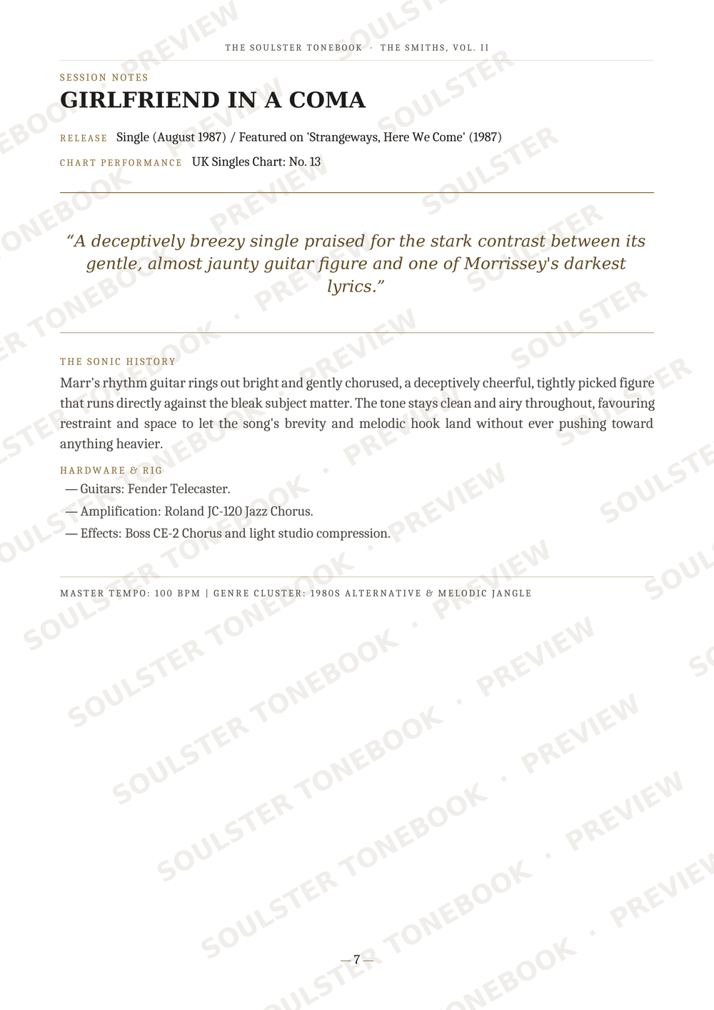 A printed page from a music book or sheet music cover featuring the title 'GIRLFRIEND IN A COMA' by The Souljazer and The Suite, with song details, review quote, basic info, and a track list on a white page with faint diagonal watermark text.