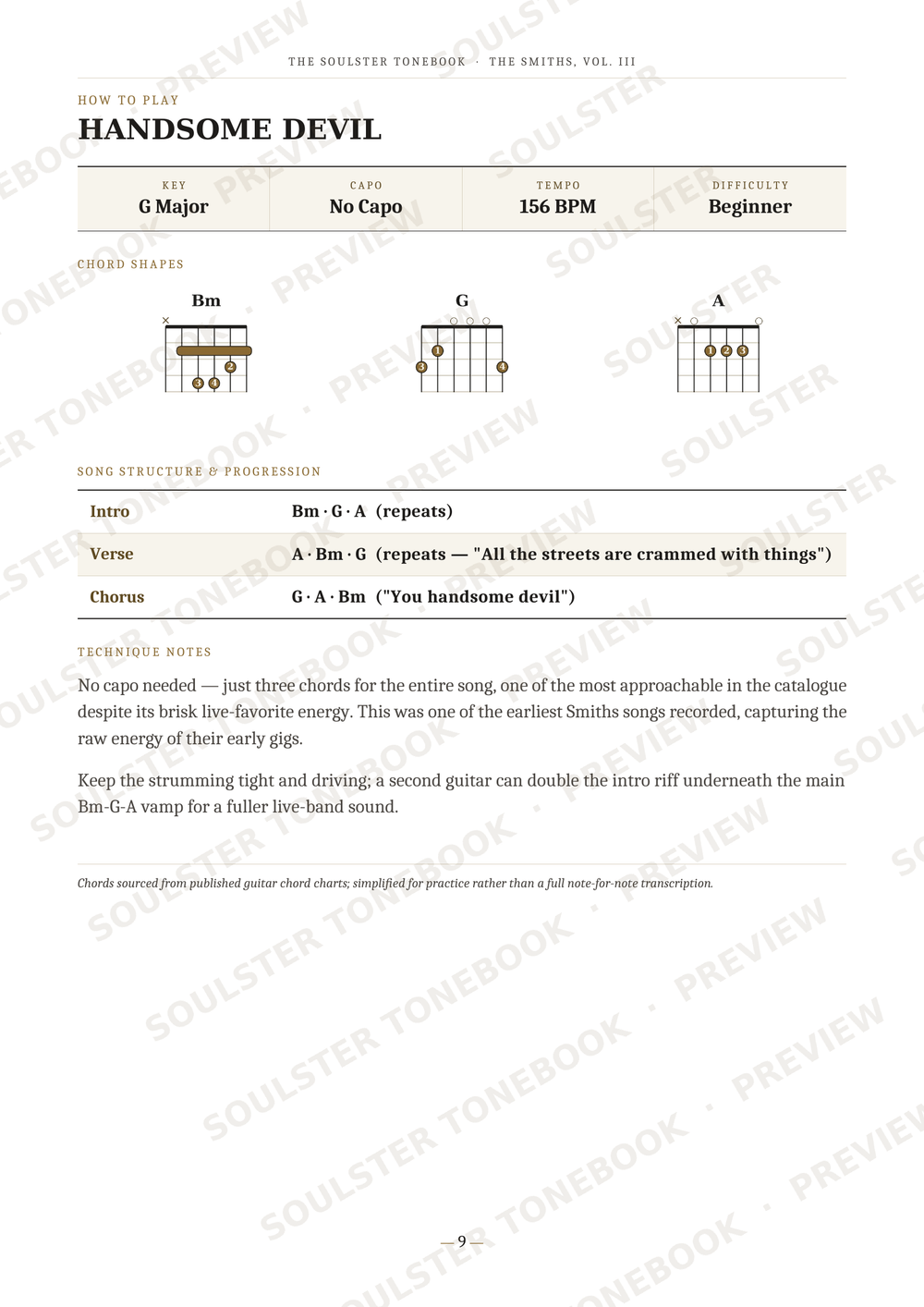 A guitar lesson page titled 'HANDSOME DEVIL' from Soulster's 'The Collected Tonestars' series, showing chord diagrams (Bm, G, A) and tablature for a song with tempo 156 BPM and key G Major.