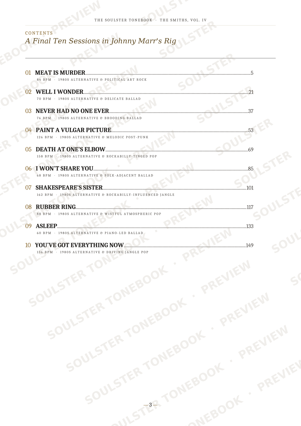 A printed table of contents page from a book, showing chapter and page listings for 'A Final Ten Sessions in Johnny Marr's Rig' with repeated Soulster Tonebook preview watermarks across the page.